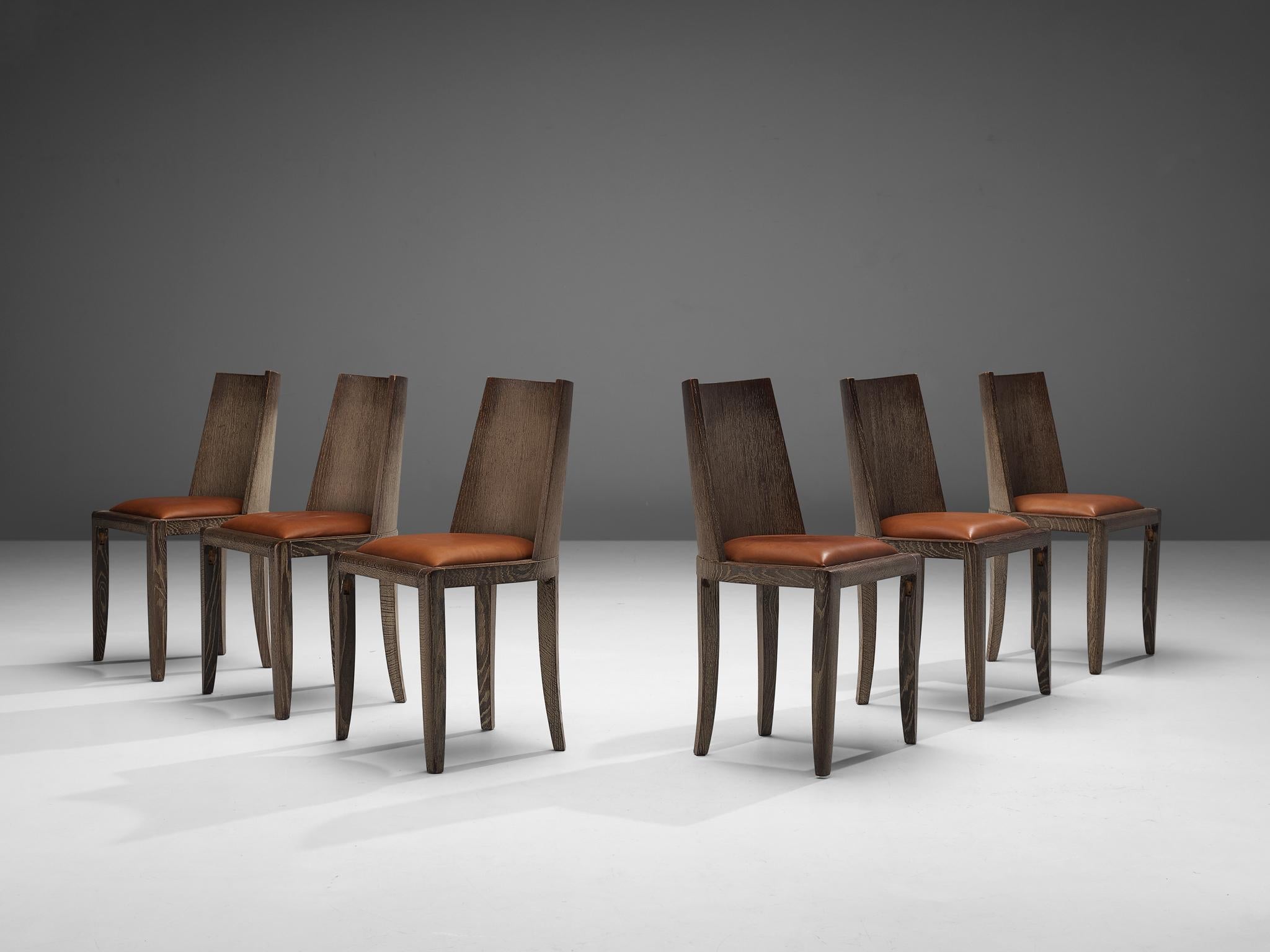 Art Deco Set of Six Dining Chairs in Cerused Oak and Leather seating Morentz