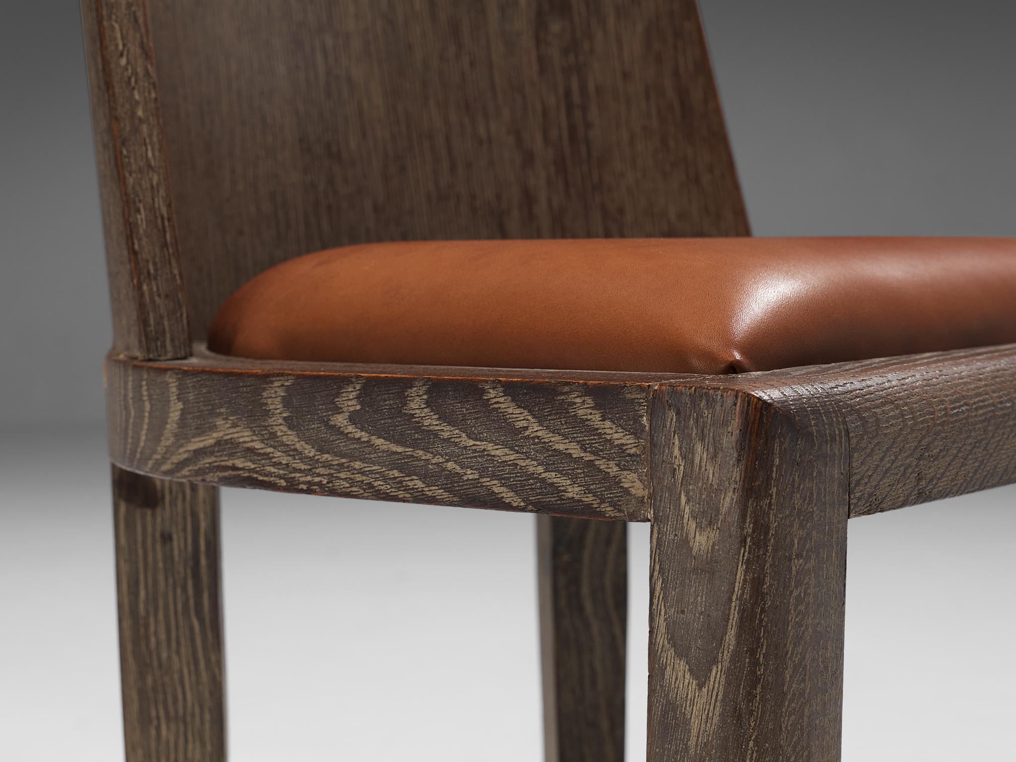 Art Deco Set of Six Dining Chairs in Cerused Oak and Leather seating Morentz