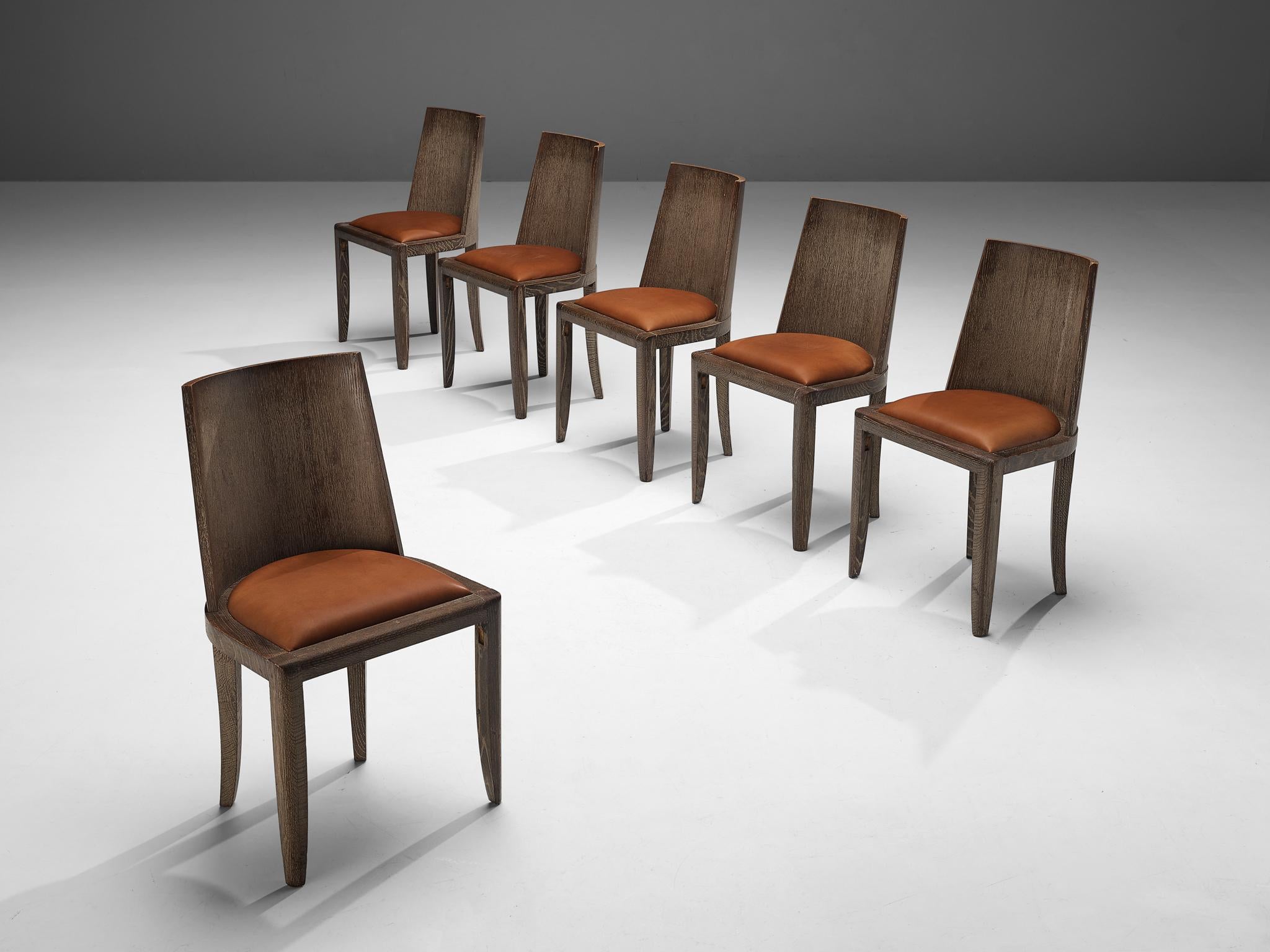 Art Deco Set of Six Dining Chairs in Cerused Oak and Leather seating Morentz