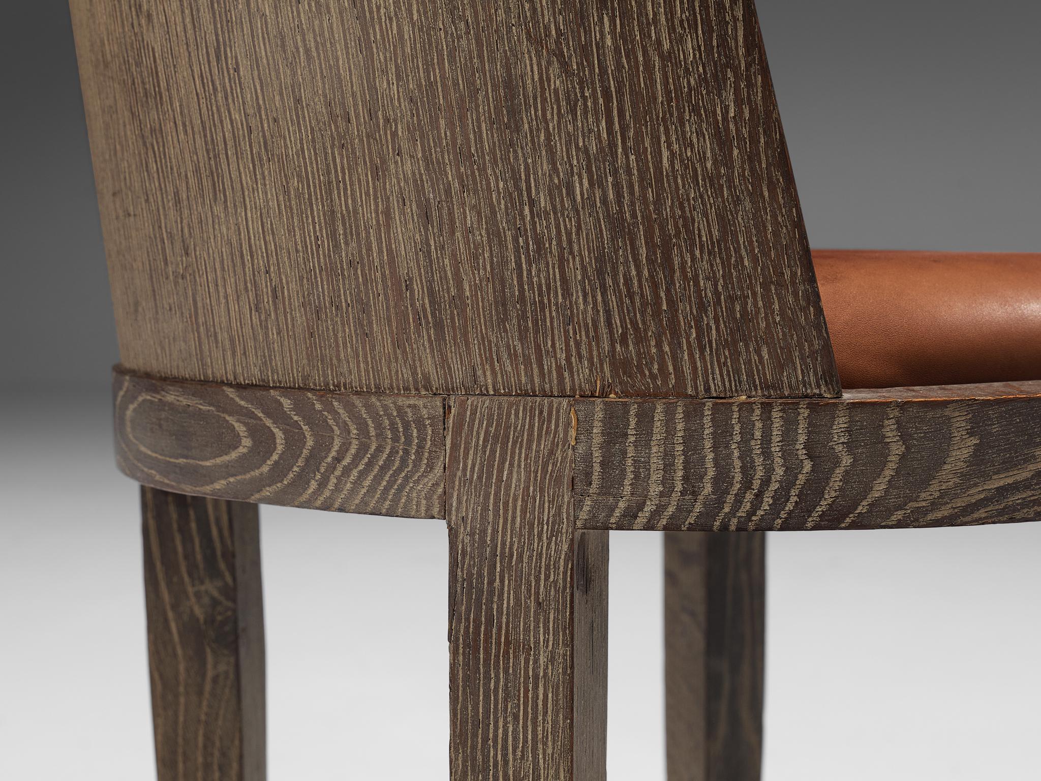 Art Deco Set of Six Dining Chairs in Cerused Oak and Leather seating Morentz