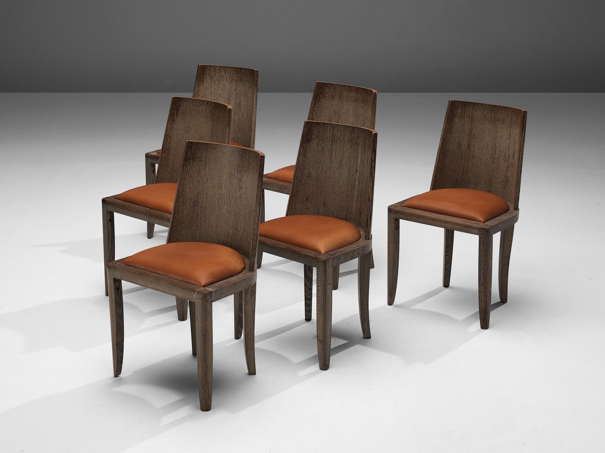 Art Deco Set of Six Dining Chairs in Cerused Oak and Leather seating Morentz