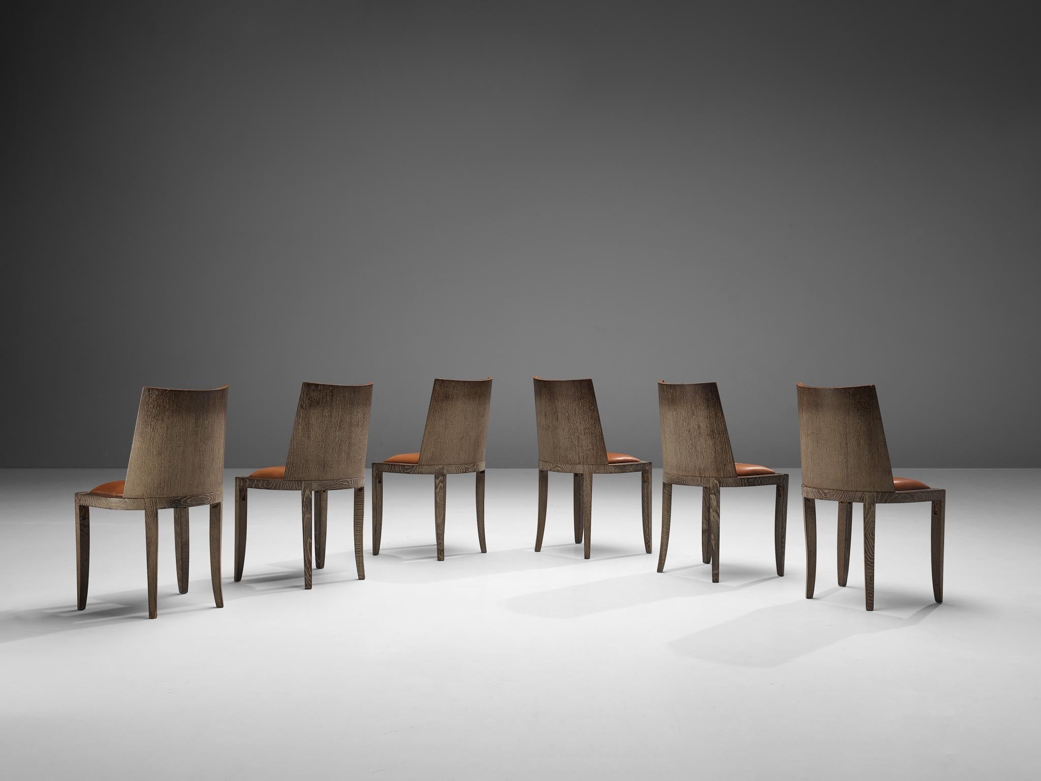 Art Deco Set of Six Dining Chairs in Cerused Oak and Leather seating Morentz