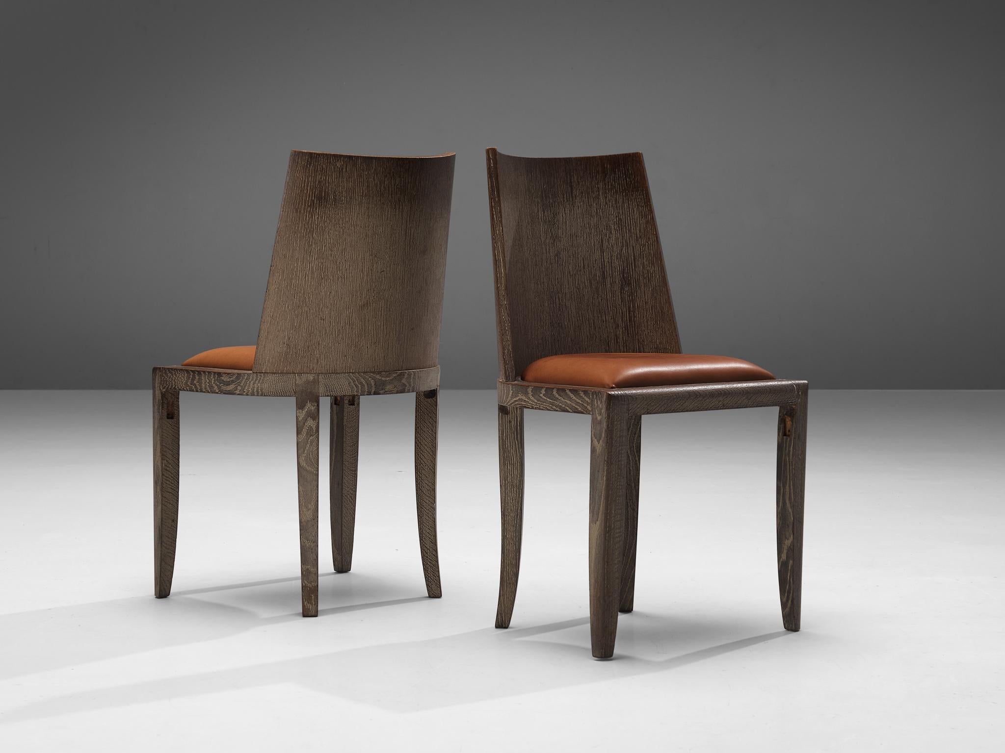 Art Deco Set of Six Dining Chairs in Cerused Oak and Leather seating Morentz