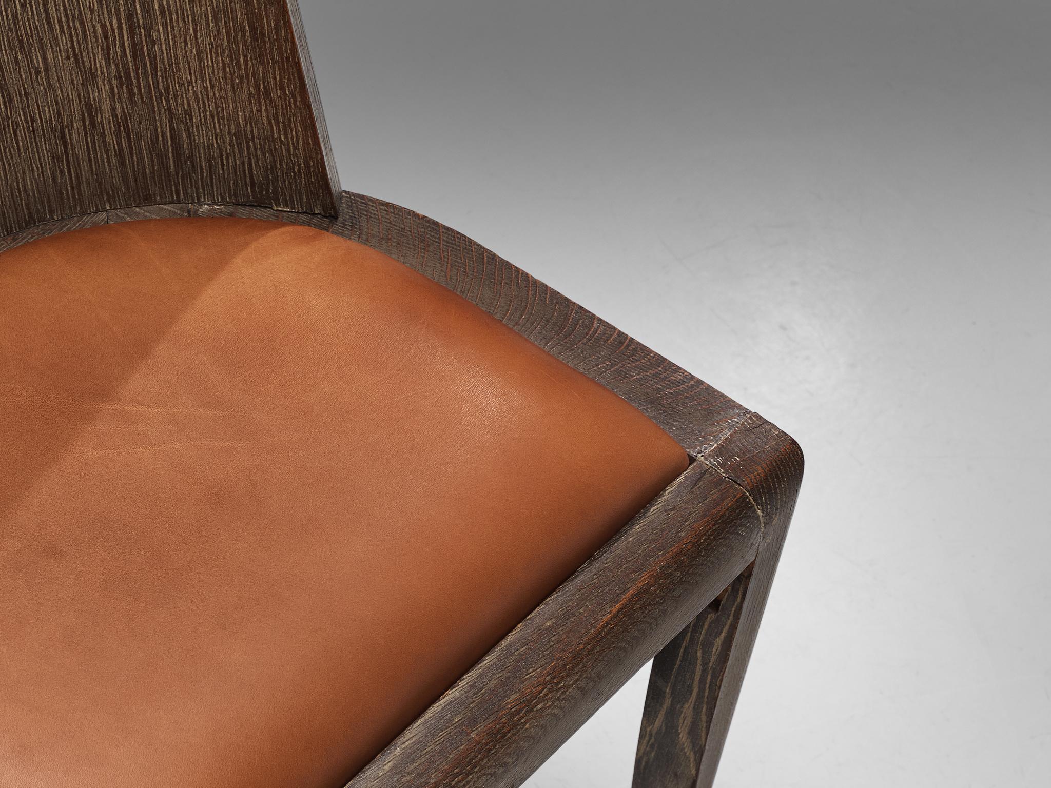 Art Deco Set of Six Dining Chairs in Cerused Oak and Leather seating Morentz