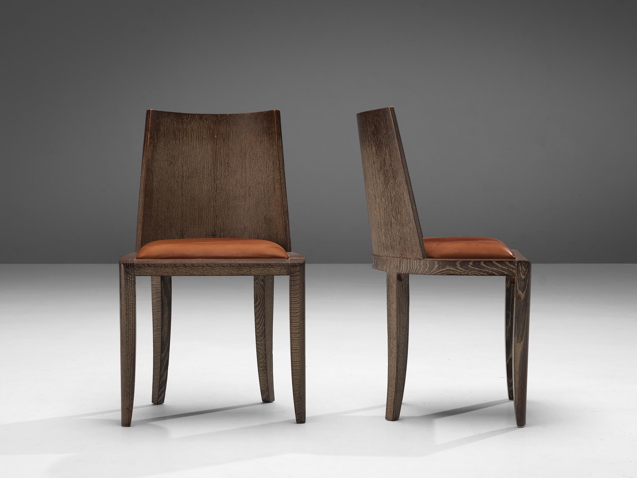 Art Deco Set of Six Dining Chairs in Cerused Oak and Leather seating Morentz