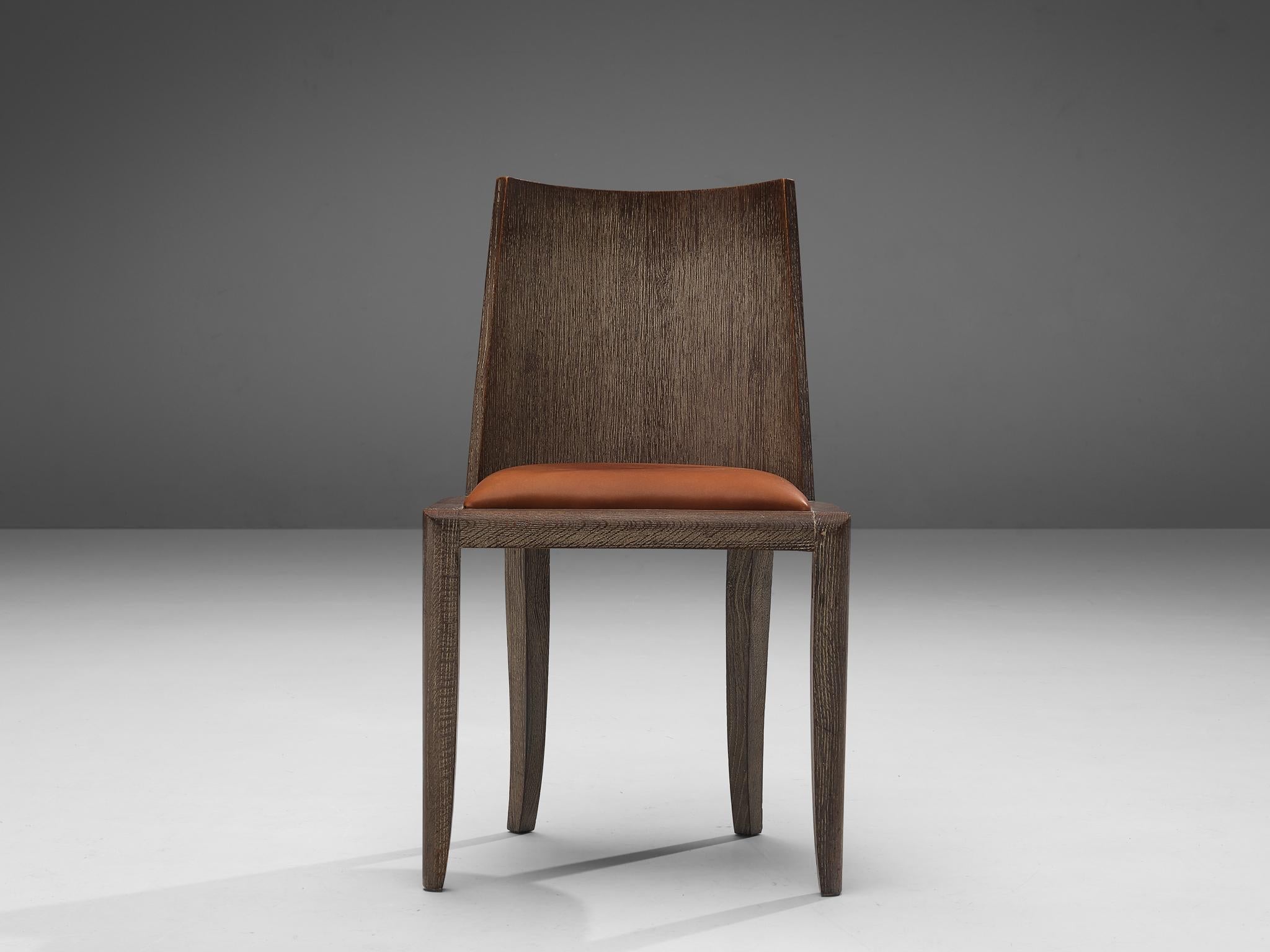 Art Deco Set of Six Dining Chairs in Cerused Oak and Leather seating Morentz