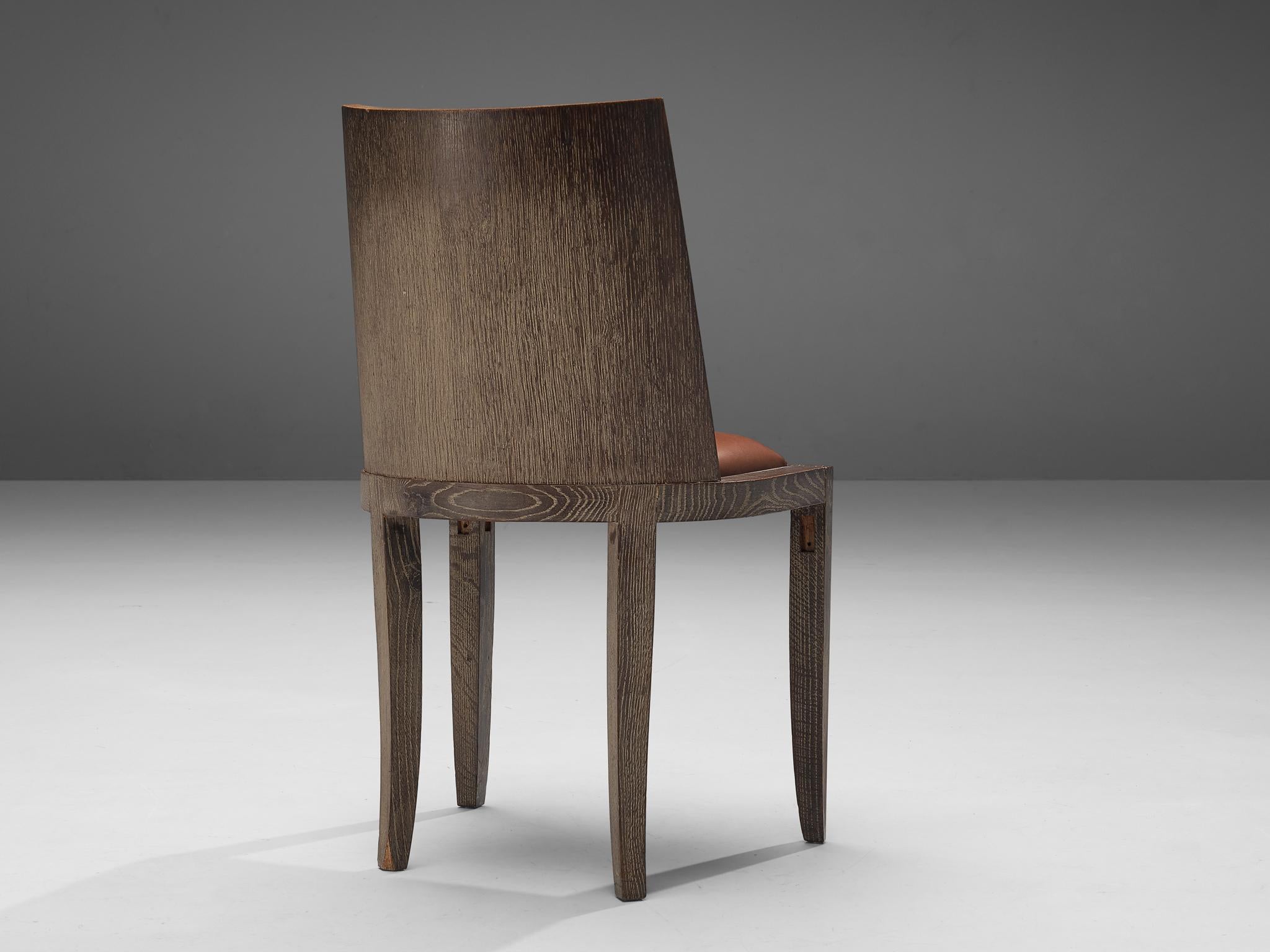 Art Deco Set of Six Dining Chairs in Cerused Oak and Leather seating Morentz