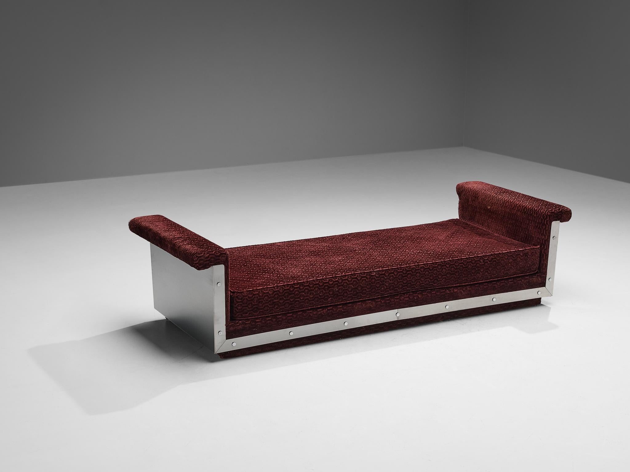French Daybed in Stainless Steel and Burgundy Velvet Upholstery