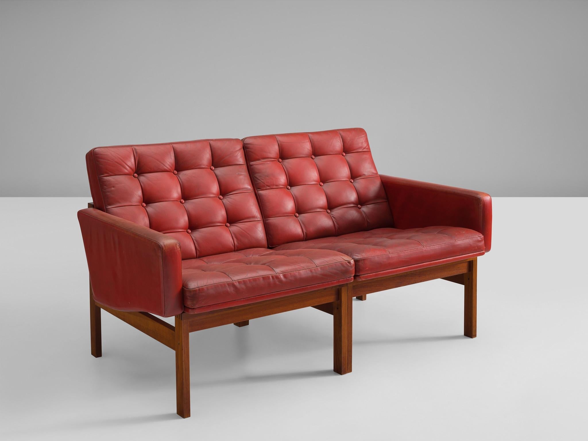 Ole Gjerløv-Knudsen & Torben Lind Two Seater Sofa in Red Leather and Teak