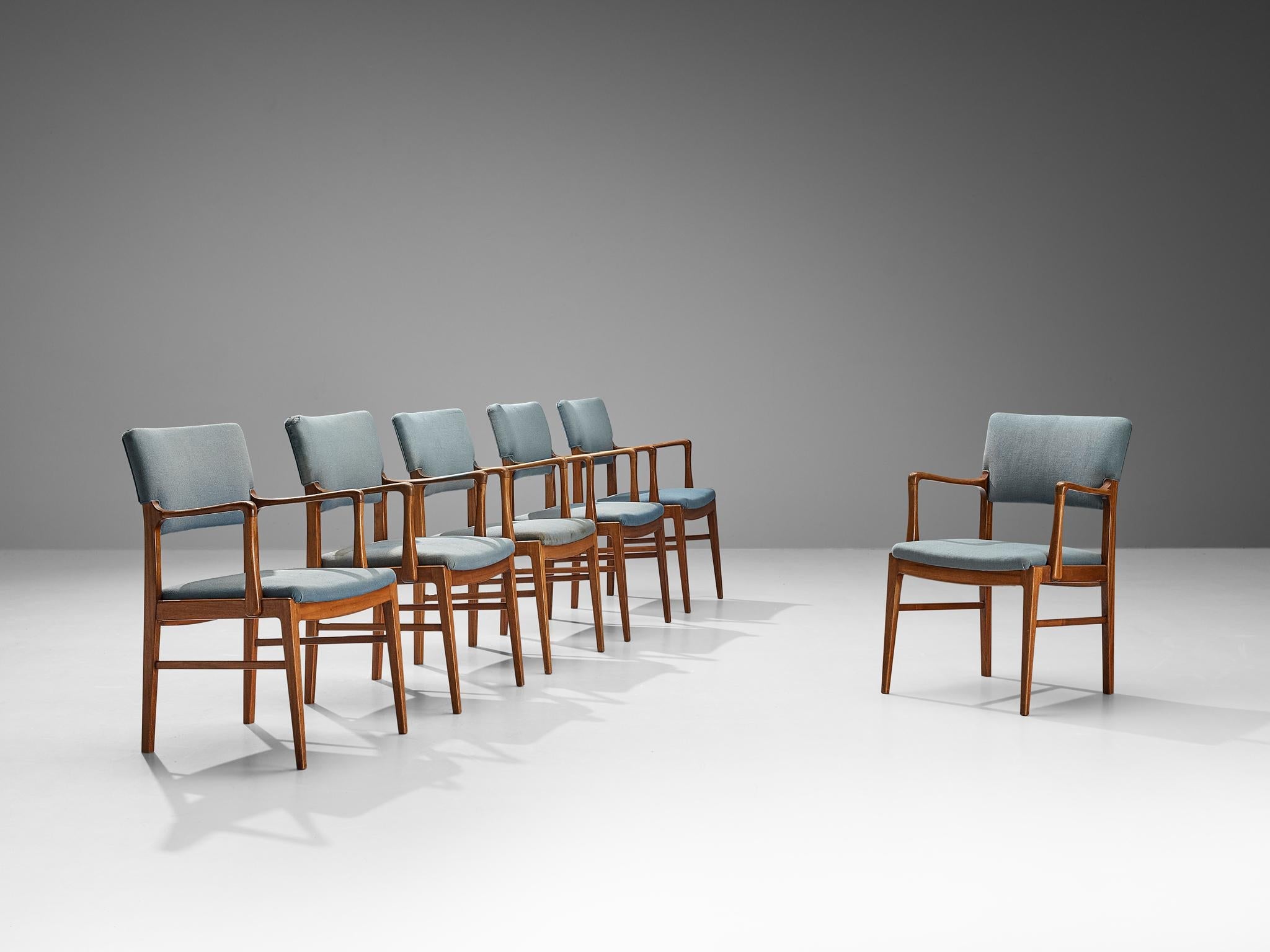 Danish Set of Six Dining Chairs in Mahogany and Light Blue Upholstery seating Morentz