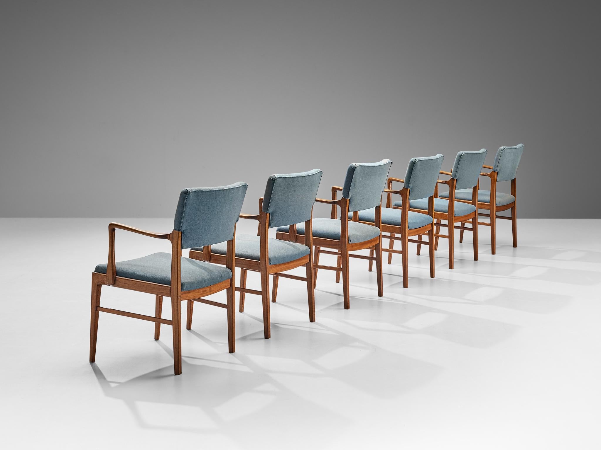 Danish Set of Six Dining Chairs in Mahogany and Light Blue Upholstery seating Morentz