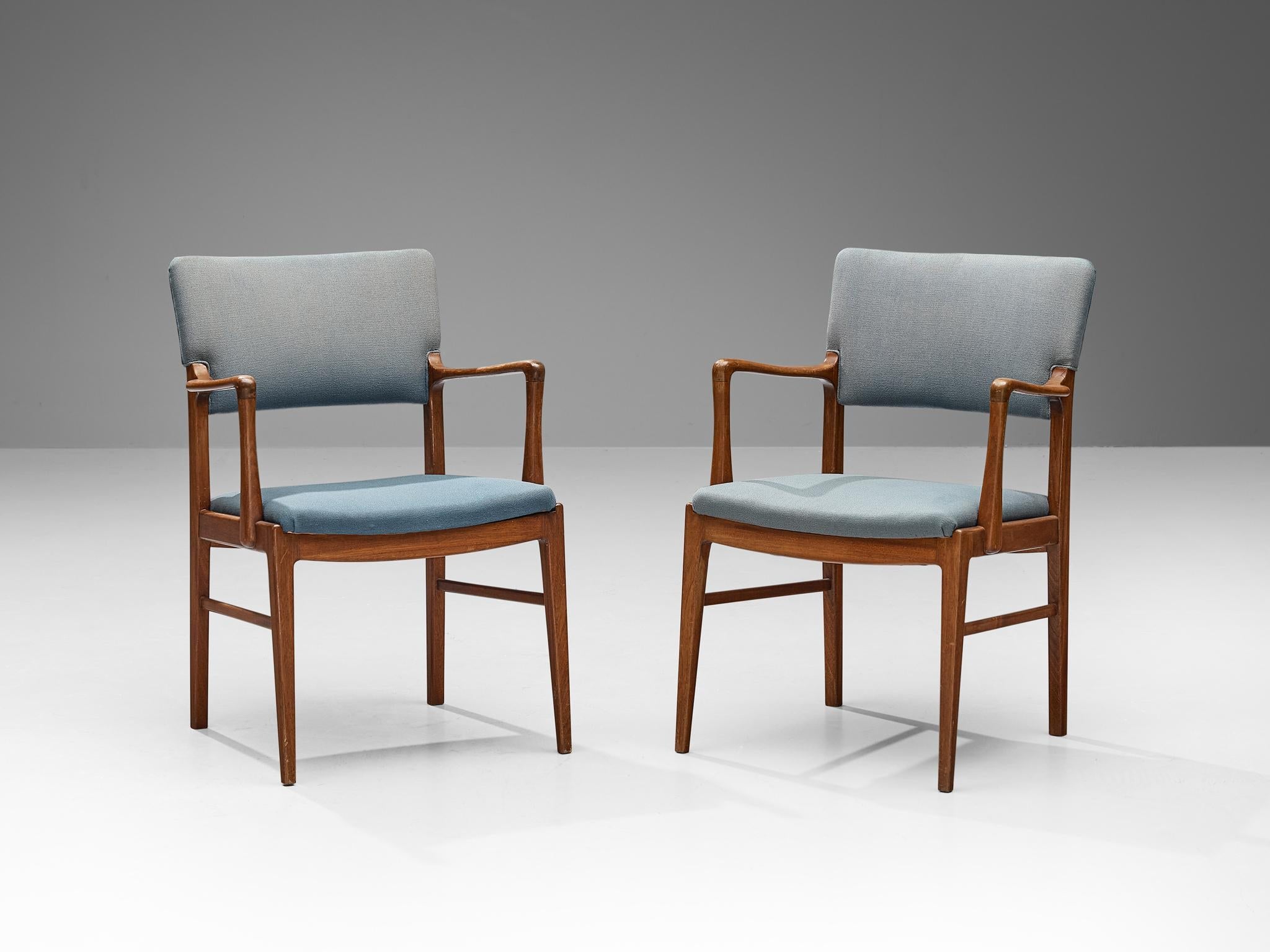 Danish Set of Six Dining Chairs in Mahogany and Light Blue Upholstery seating Morentz