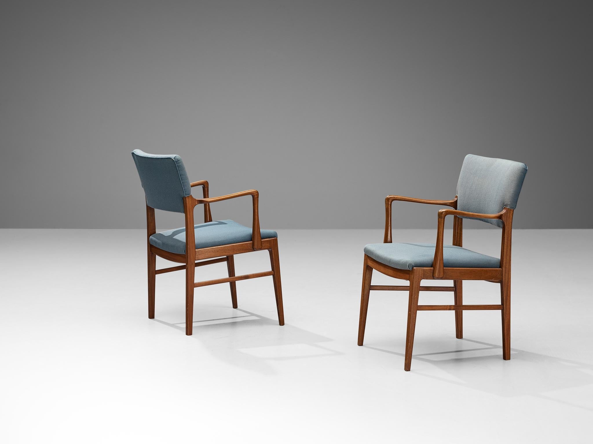 Danish Set of Six Dining Chairs in Mahogany and Light Blue Upholstery seating Morentz
