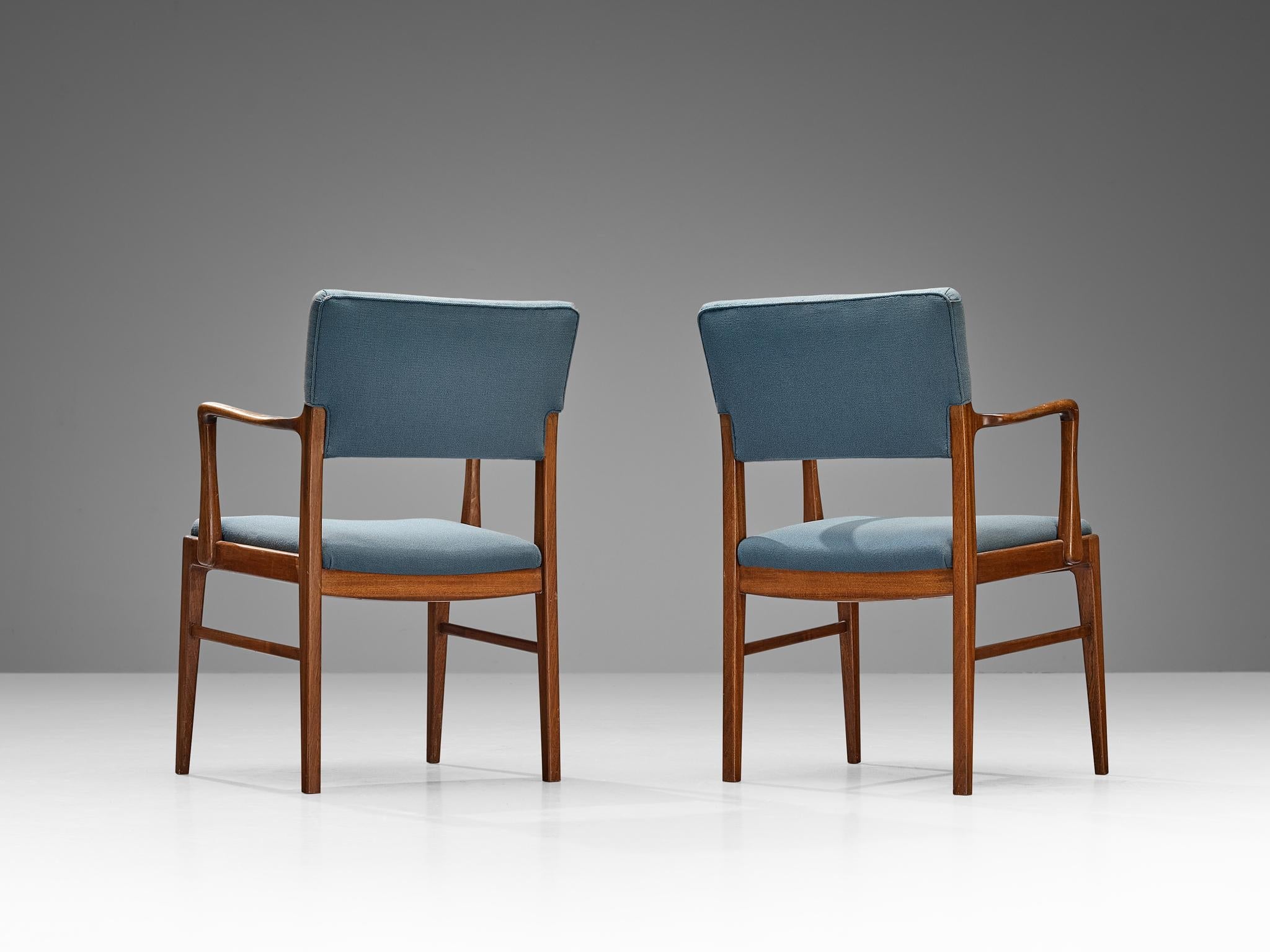 Danish Set of Six Dining Chairs in Mahogany and Light Blue Upholstery seating Morentz