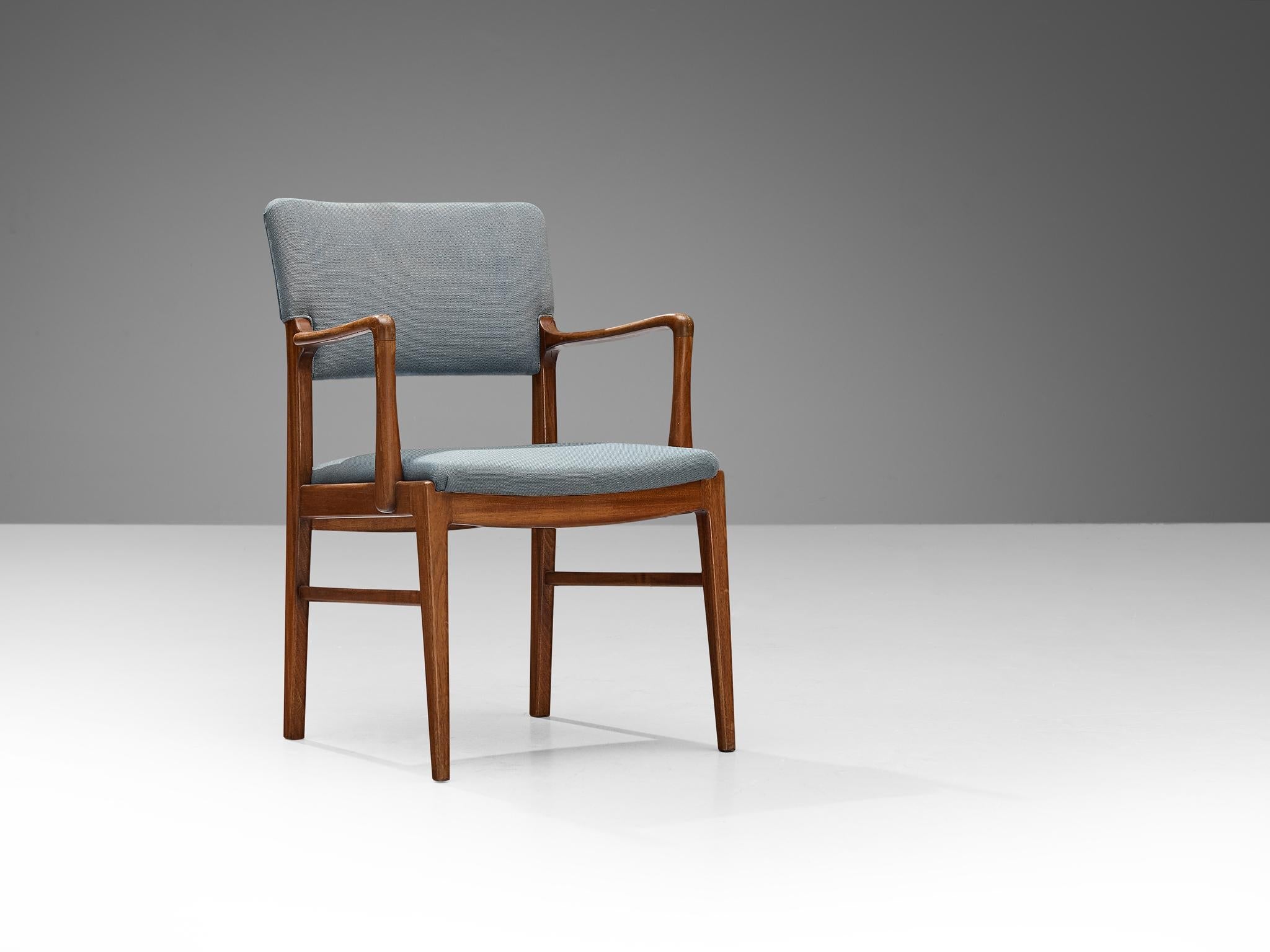 Danish Set of Six Dining Chairs in Mahogany and Light Blue Upholstery seating Morentz