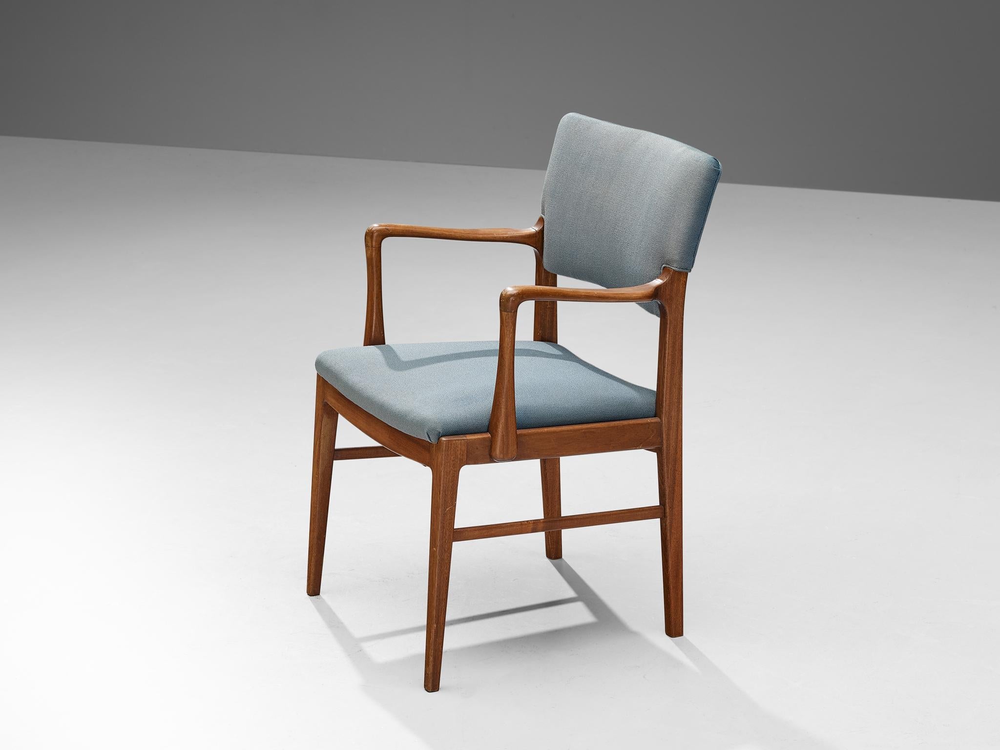 Danish Set of Six Dining Chairs in Mahogany and Light Blue Upholstery seating Morentz