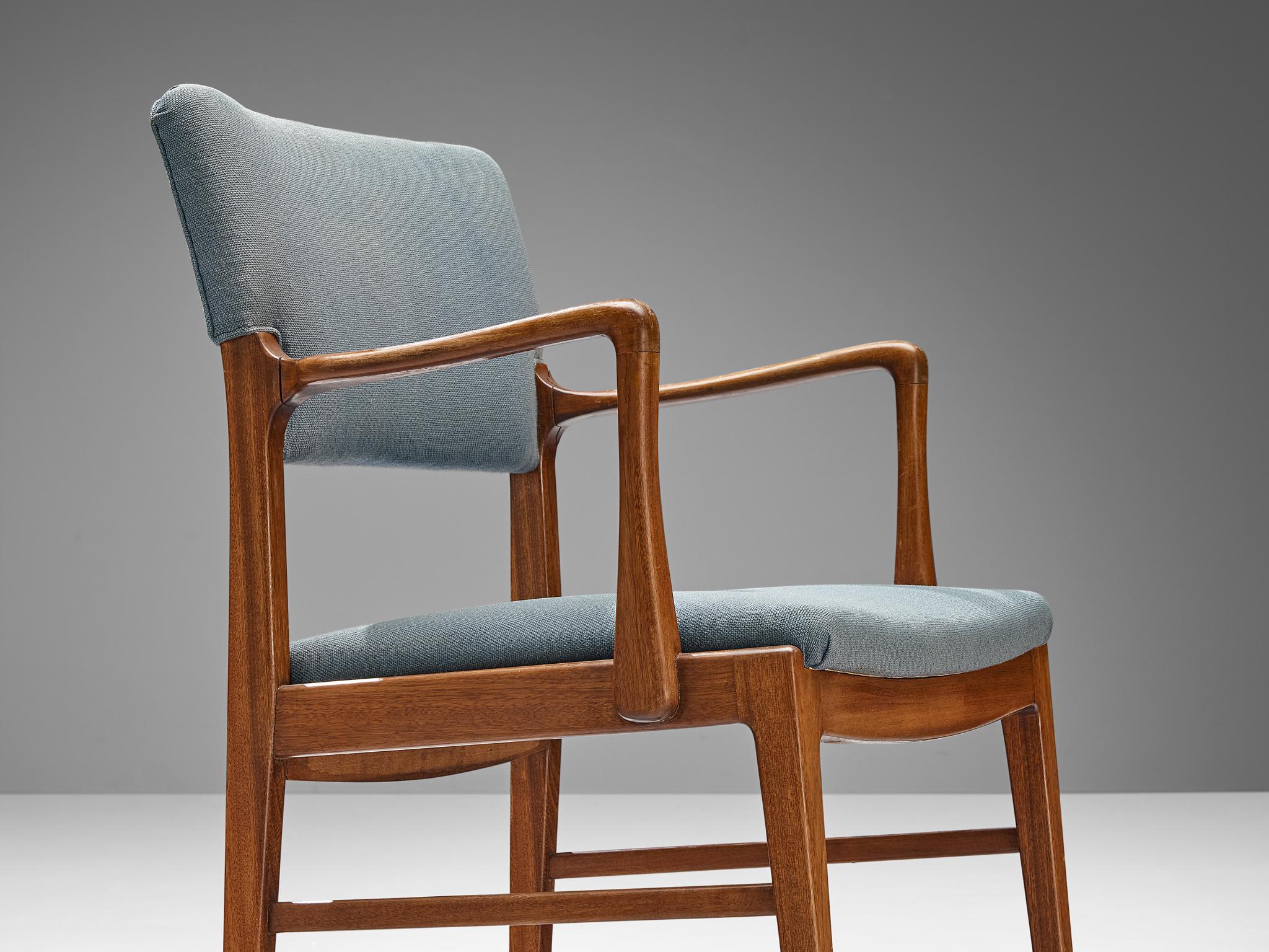 Danish Set of Six Dining Chairs in Mahogany and Light Blue Upholstery seating Morentz