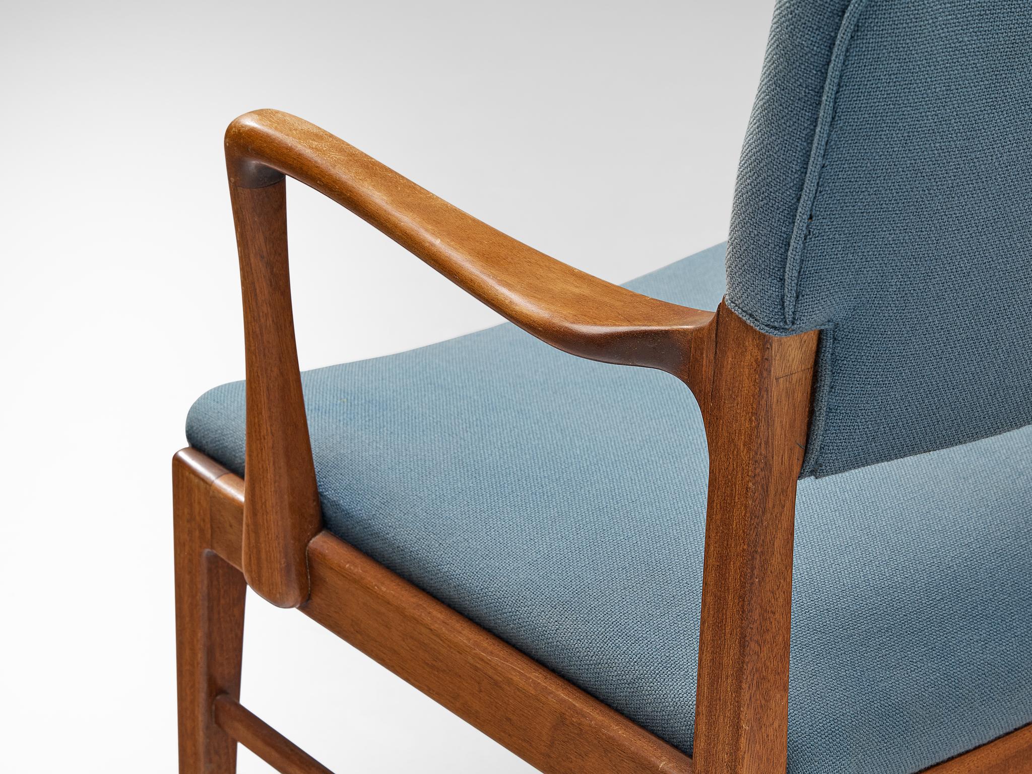 Danish Set of Six Dining Chairs in Mahogany and Light Blue Upholstery seating Morentz