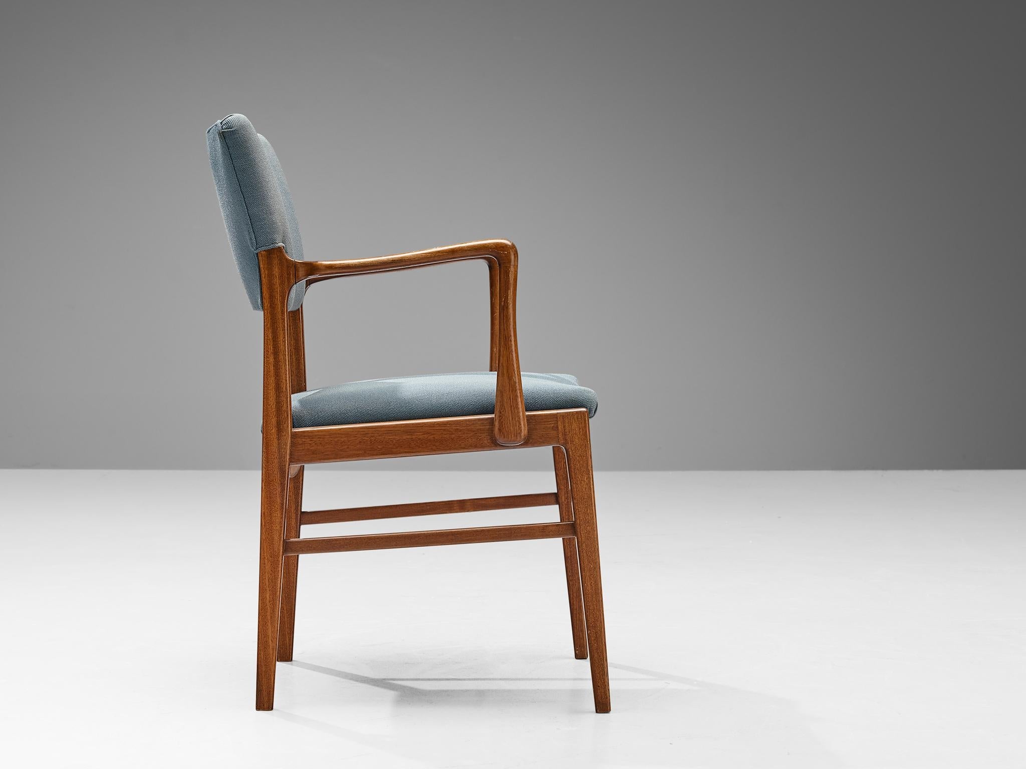 Danish Set of Six Dining Chairs in Mahogany and Light Blue Upholstery seating Morentz