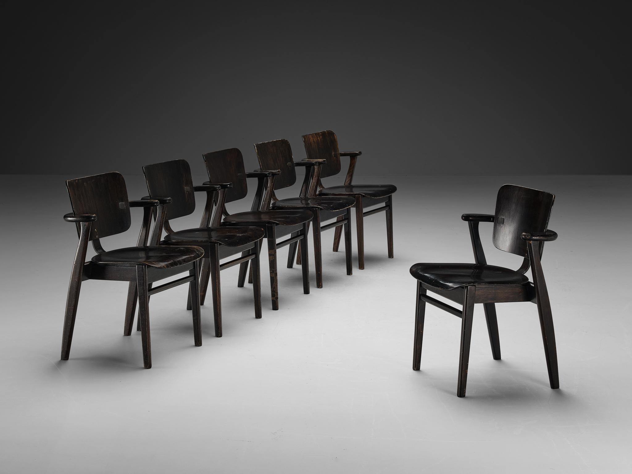 Ilmari Tapiovaara Set of Six ‘Domus’ Dining Chairs in Black Stained Teak seating Morentz