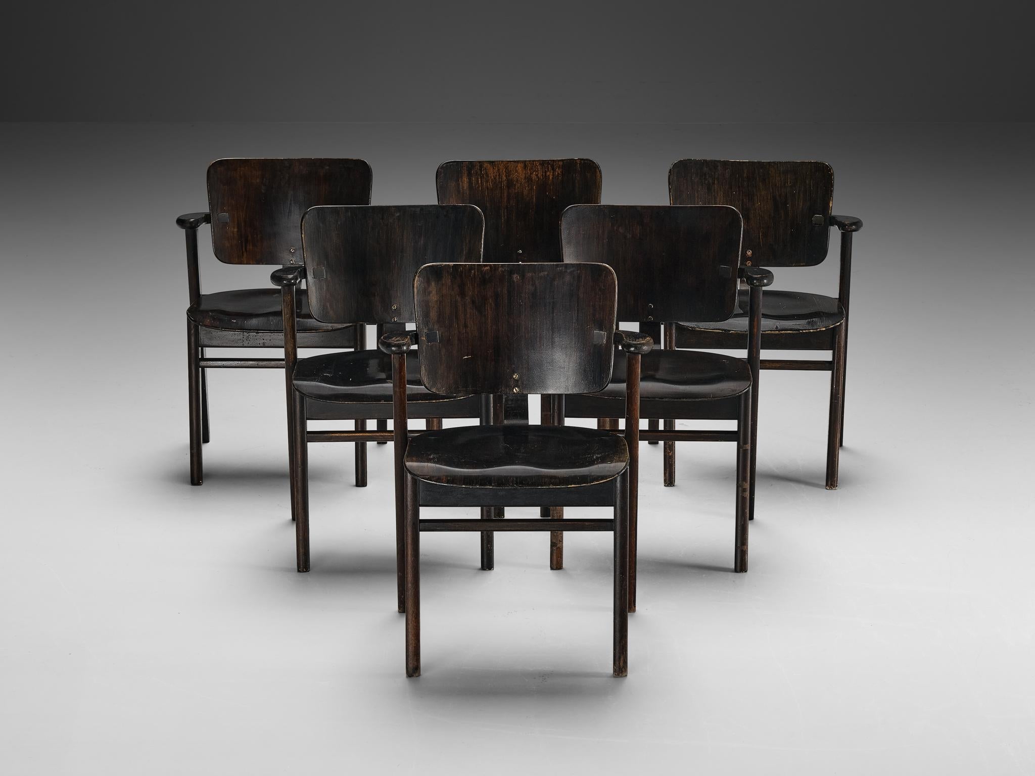 Ilmari Tapiovaara Set of Six ‘Domus’ Dining Chairs in Black Stained Teak seating Morentz