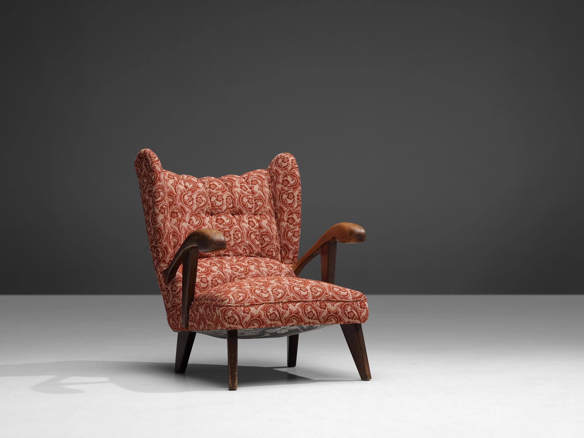 Sculpted Lounge Chair in Walnut and Red Floral Upholstery seating Morentz