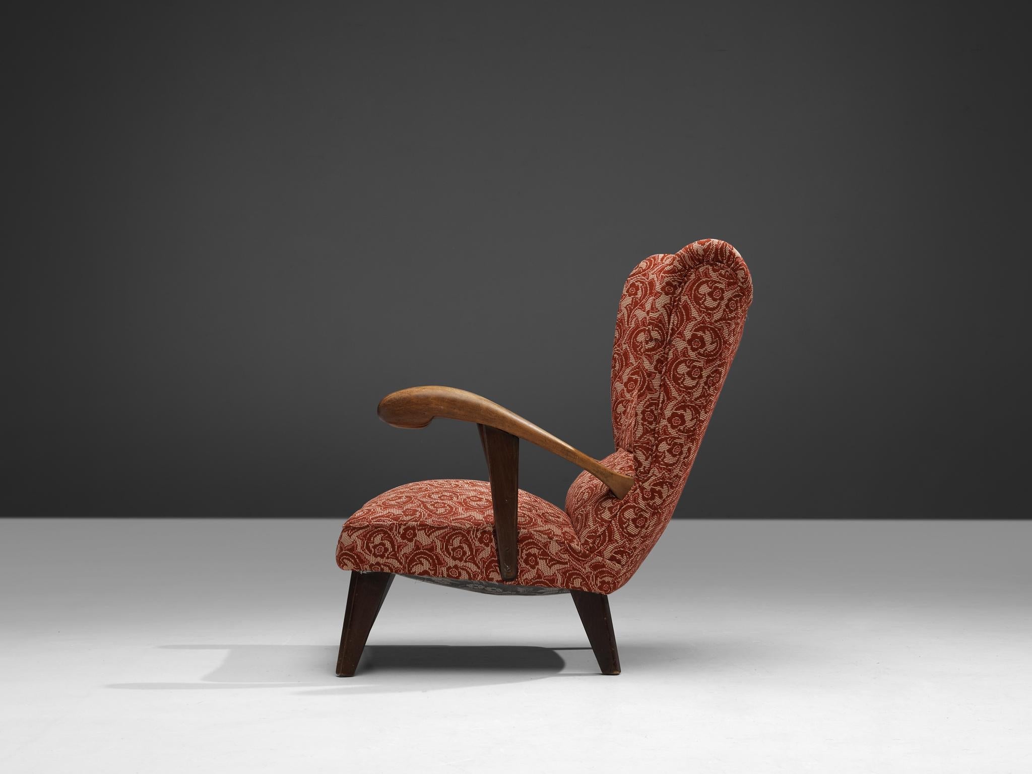 Sculpted Lounge Chair in Walnut and Red Floral Upholstery seating Morentz