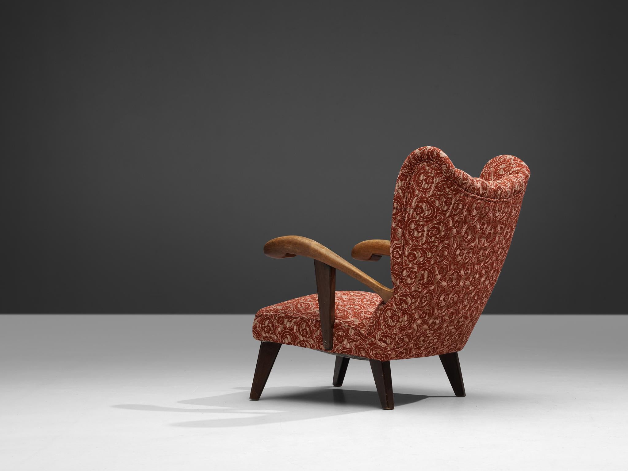 Sculpted Lounge Chair in Walnut and Red Floral Upholstery seating Morentz
