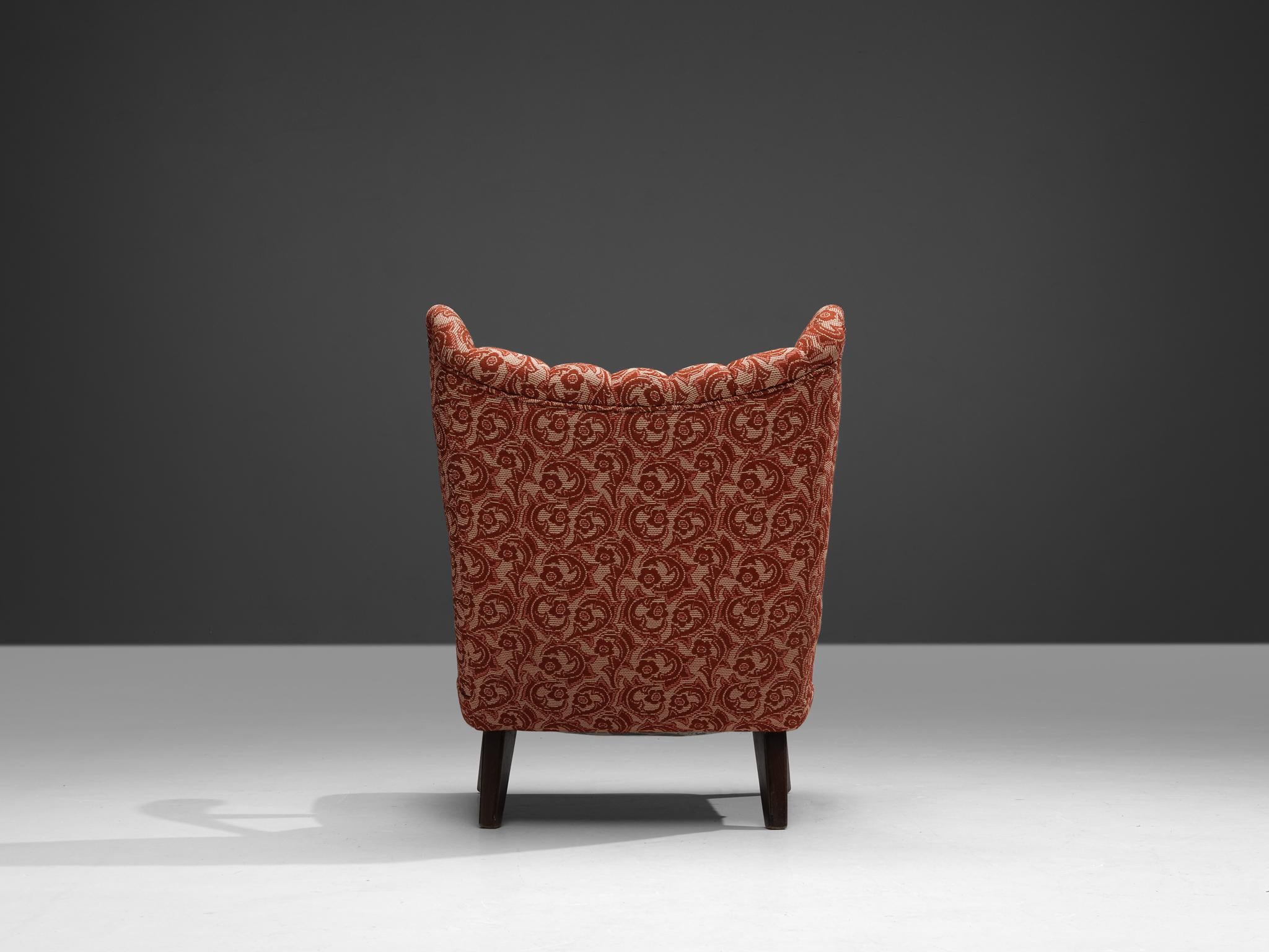 Sculpted Lounge Chair in Walnut and Red Floral Upholstery seating Morentz