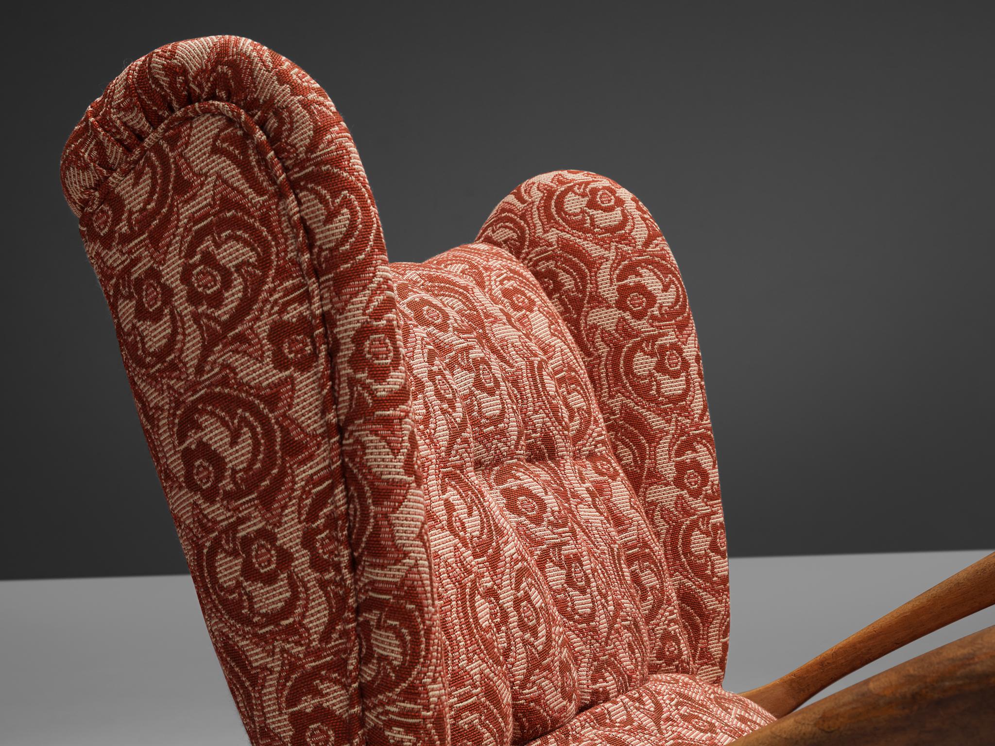 Sculpted Lounge Chair in Walnut and Red Floral Upholstery seating Morentz