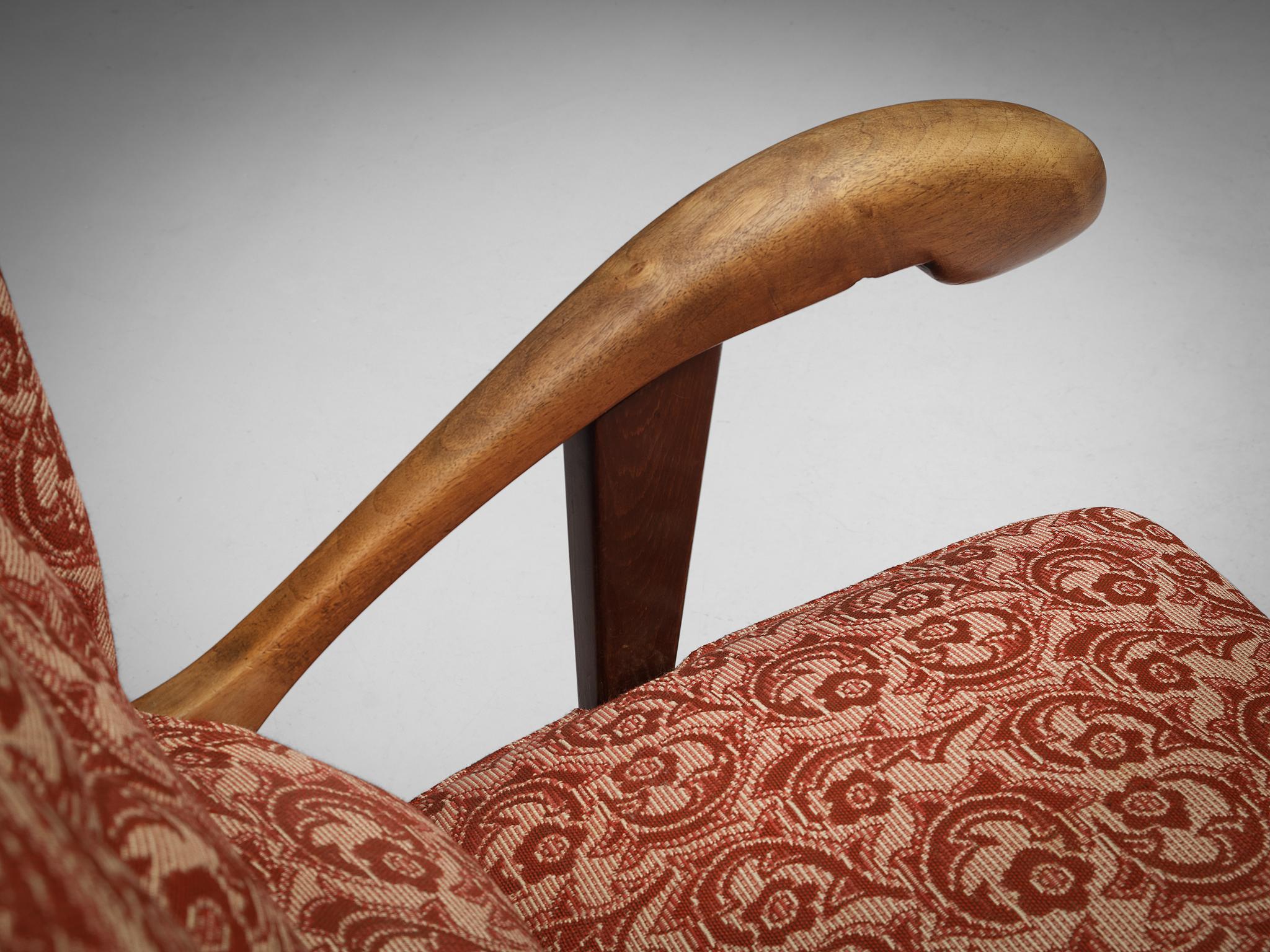 Sculpted Lounge Chair in Walnut and Red Floral Upholstery seating Morentz