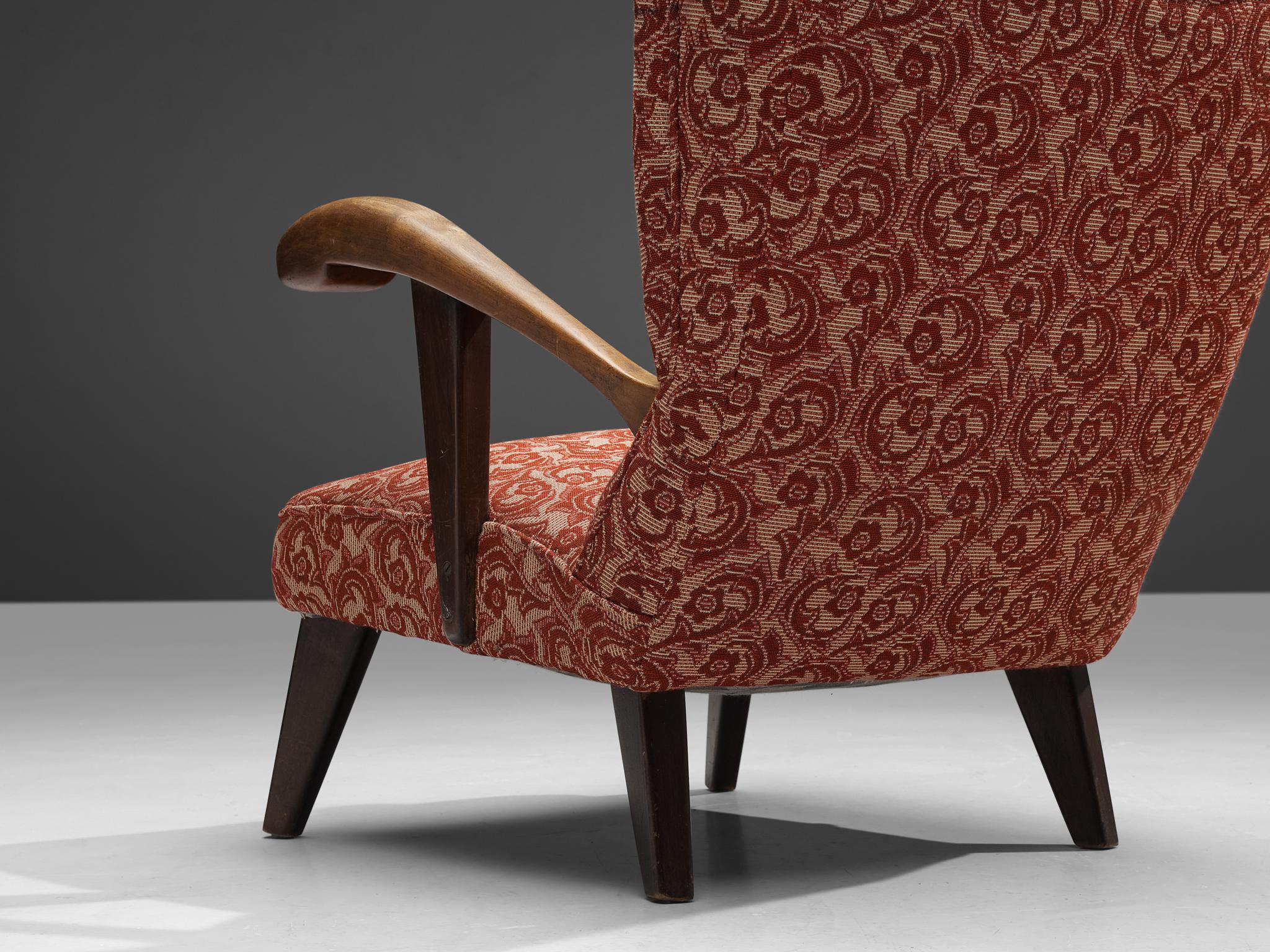 Sculpted Lounge Chair in Walnut and Red Floral Upholstery seating Morentz