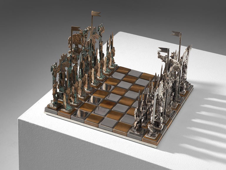 Sculptural Italian Chess Game in Metal and Glass