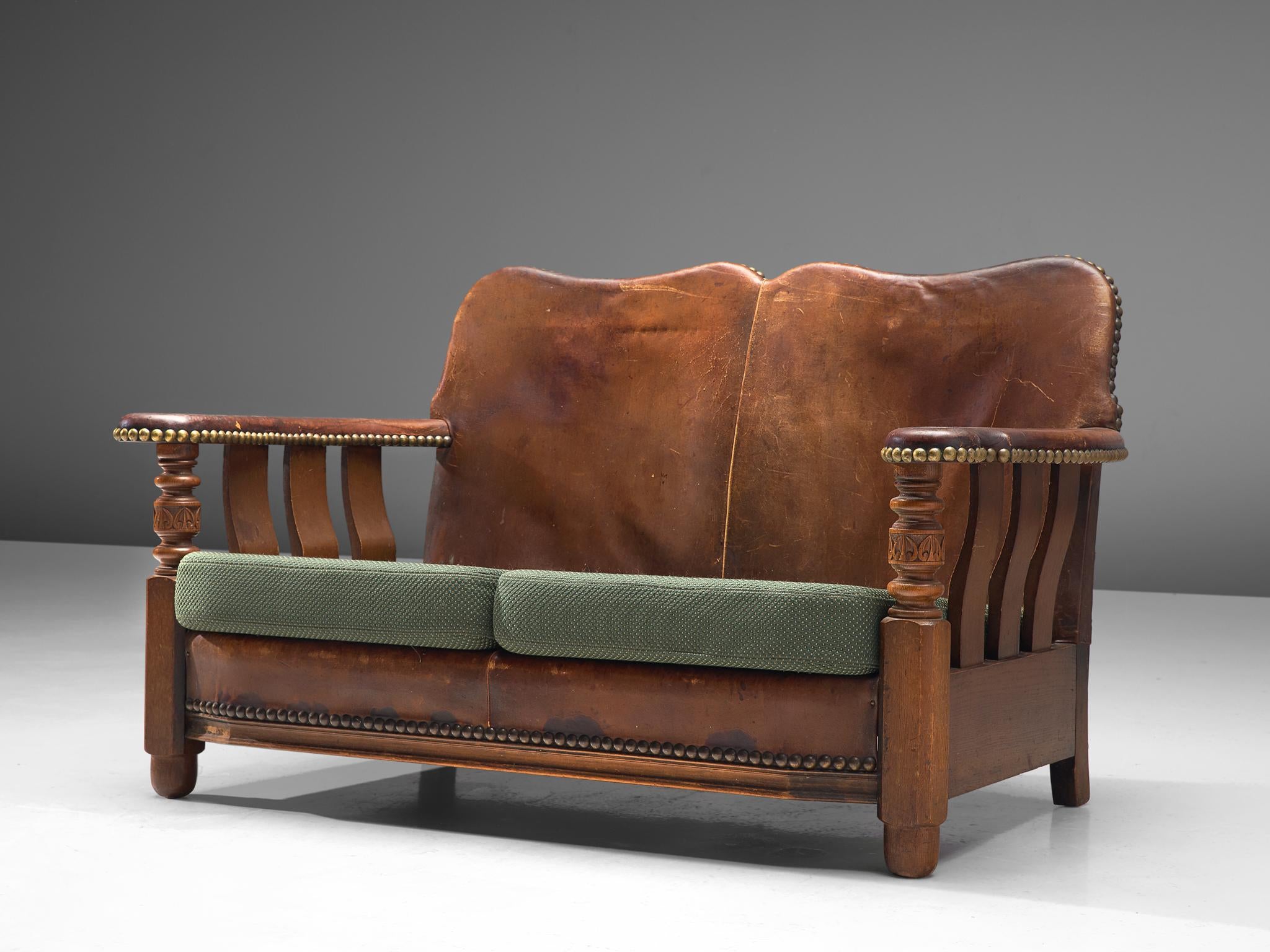 Early Danish Settee in Leather and Green Upholstery seating Morentz