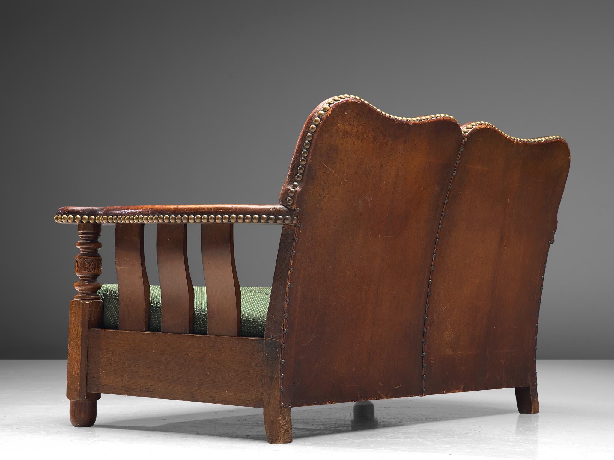 Early Danish Settee in Leather and Green Upholstery seating Morentz