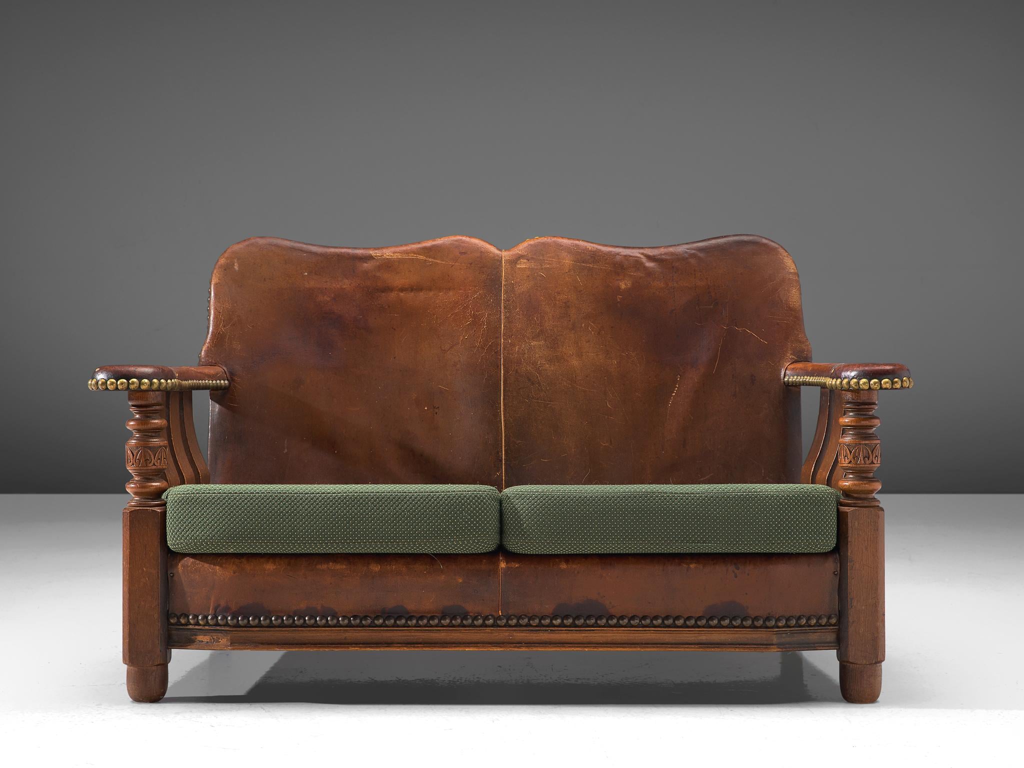 Early Danish Settee in Leather and Green Upholstery seating Morentz