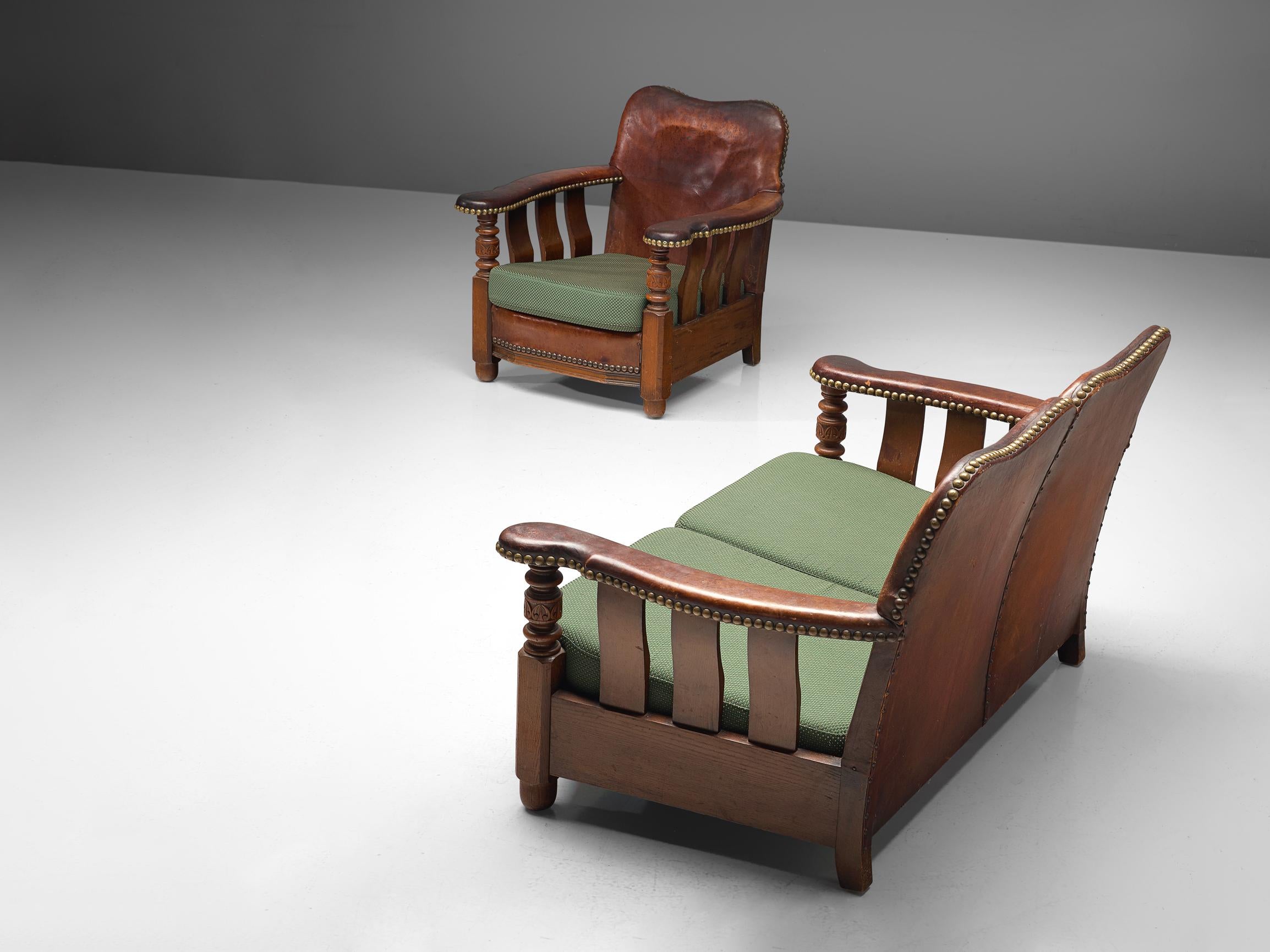 Early Danish Settee in Leather and Green Upholstery seating Morentz