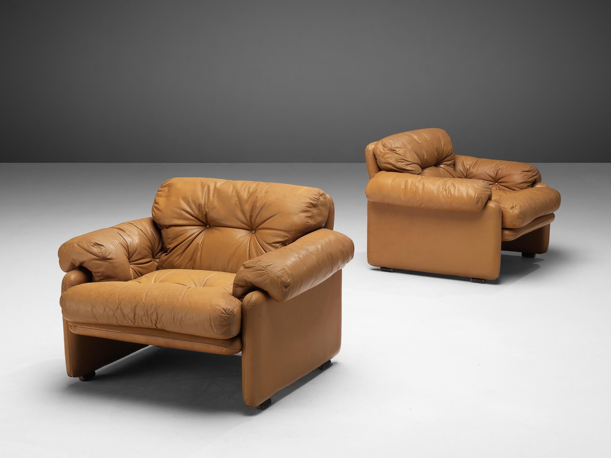 Afra & Tobia Scarpa Pair of 'Coronado' Lounge Chairs in Cognac Leather seating Morentz