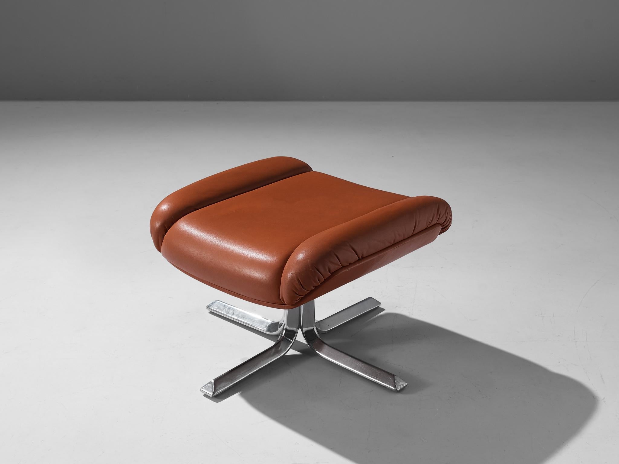 Footstool in Chrome and Cognac Leather