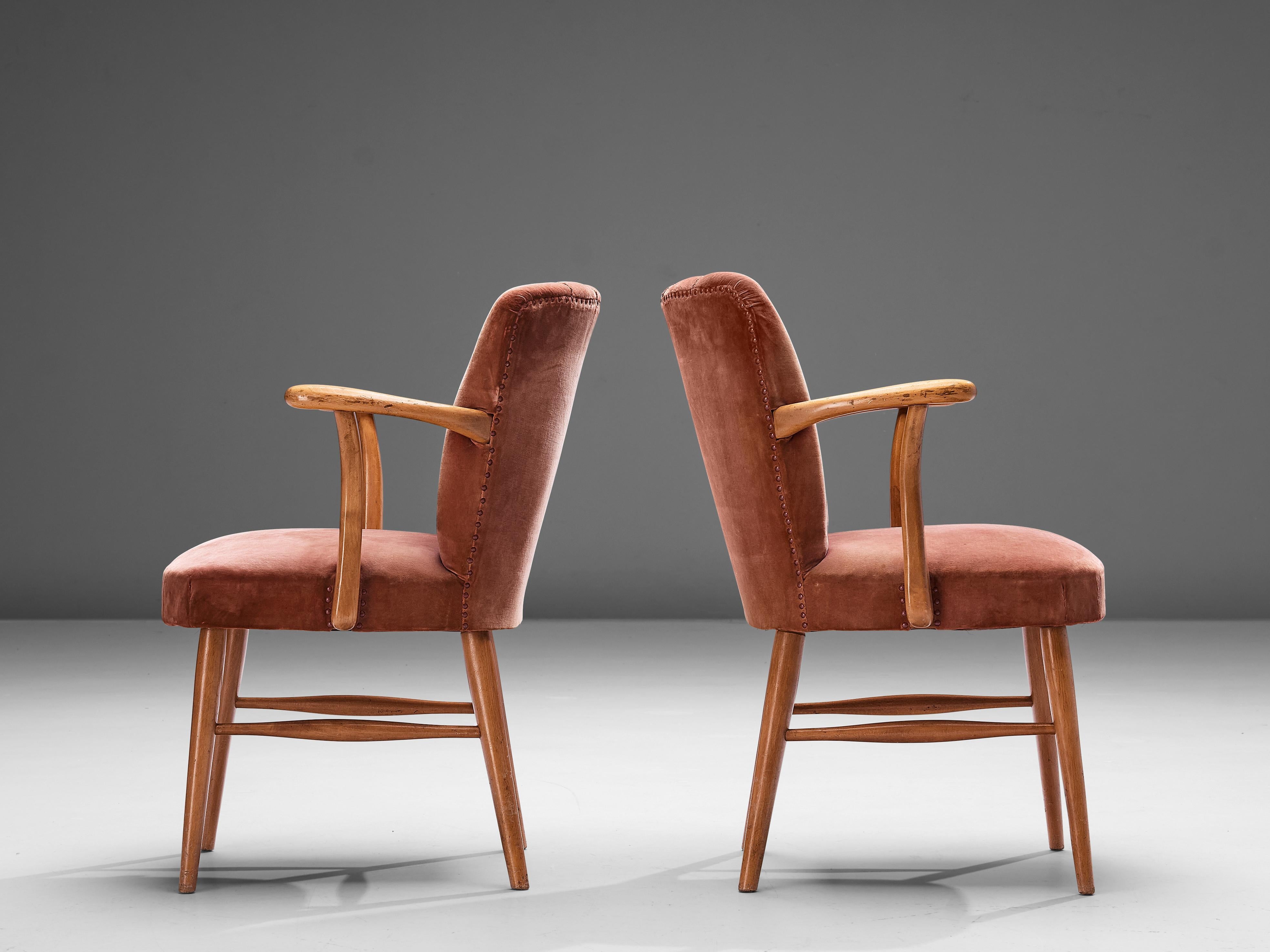 European Armchairs in Soft Pink Velvet Upholstery and Beech seating Morentz