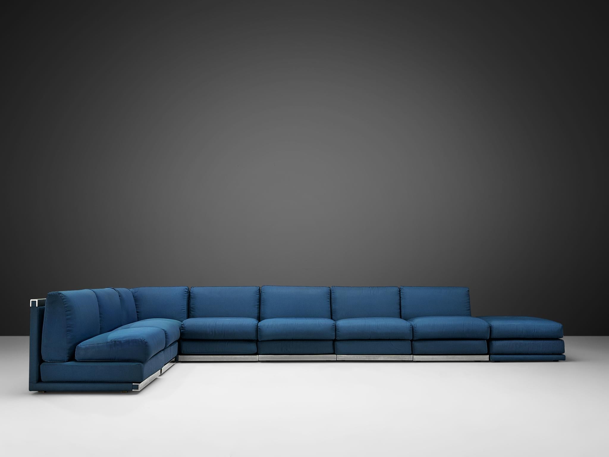 Large Postmodern Sectional Sofa in Blue Upholstery and Aluminum