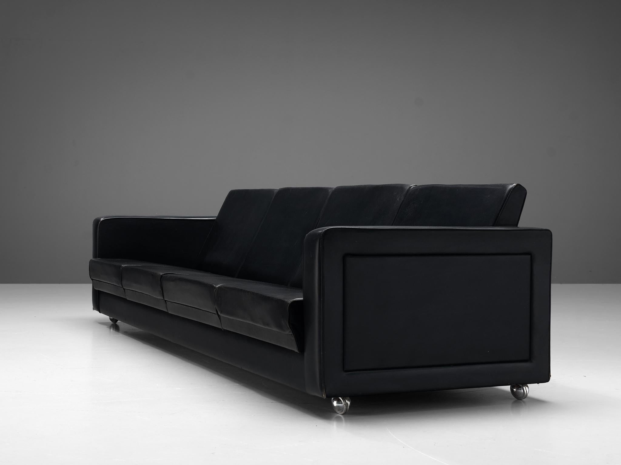 Sleek Four-Seat Danish Sofa in Black Leatherette seating Morentz