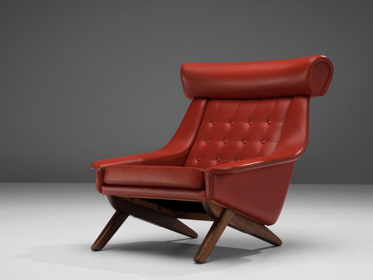 Illum Wikkelsø Lounge Chair in Red Upholstery and Mahogany