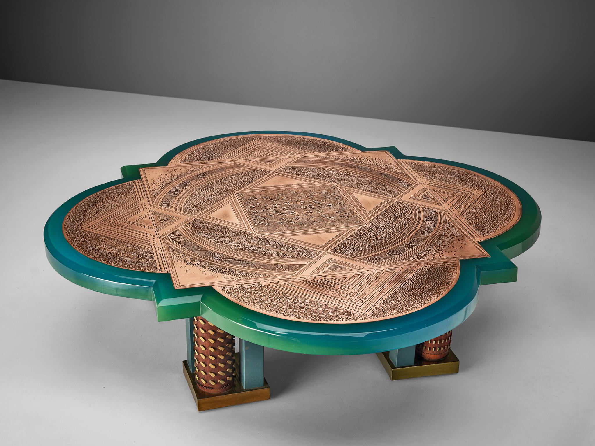 Unique Armand Jonckers Coffee Table in Green Resin and Copper tables Morentz