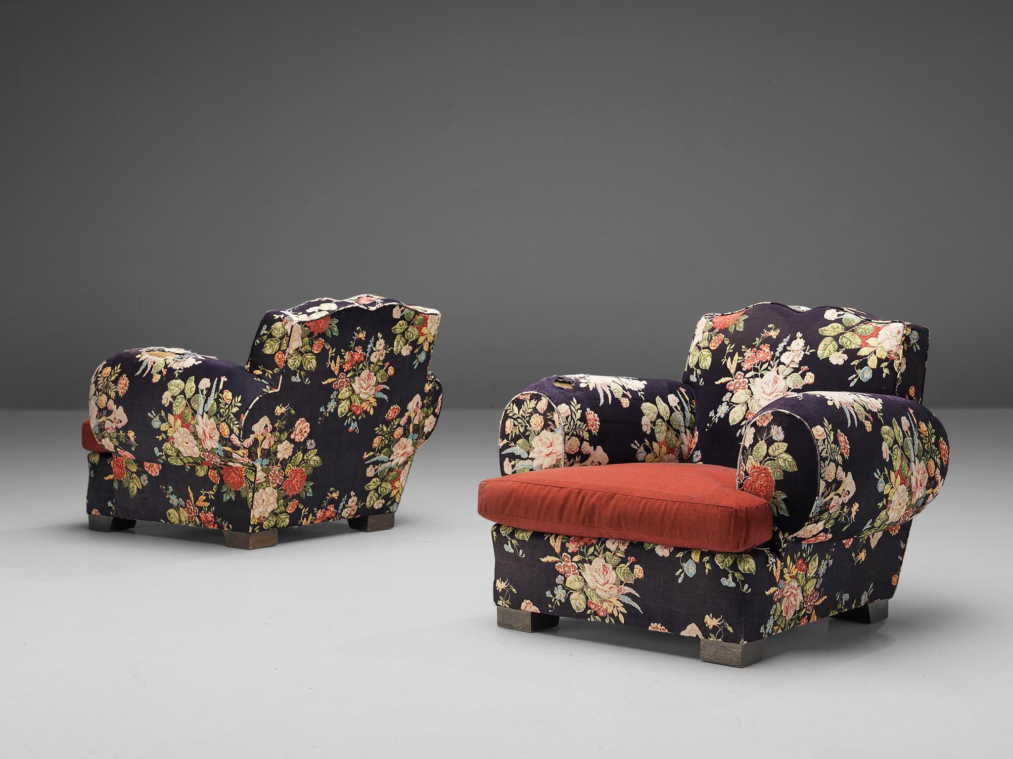 French Art Deco Pair of Lounge Chairs in Floral Upholstery seating Morentz