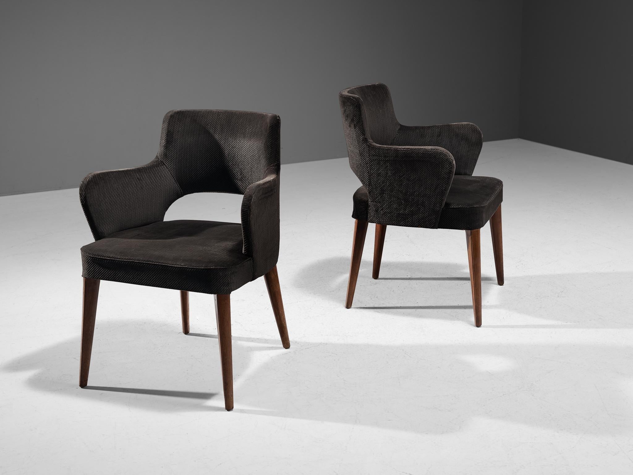 Elegant Pair of Armchairs in Dark Grey Upholstery and Stained Wood seating Morentz