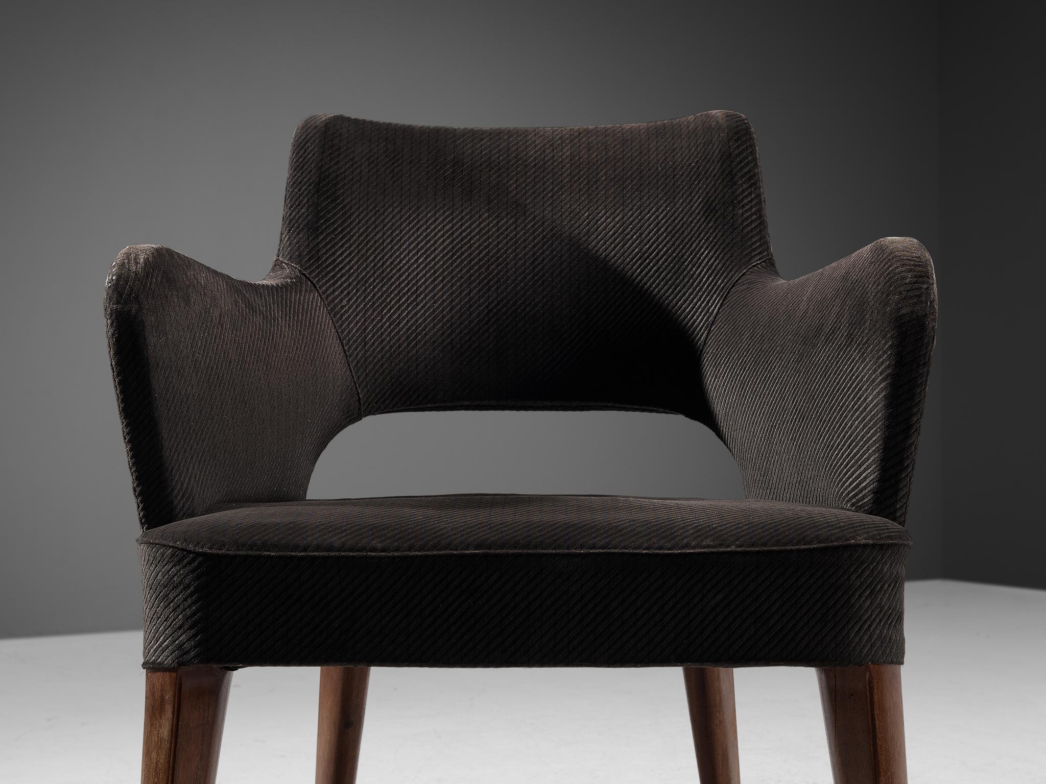 Elegant Pair of Armchairs in Dark Grey Upholstery and Stained Wood seating Morentz