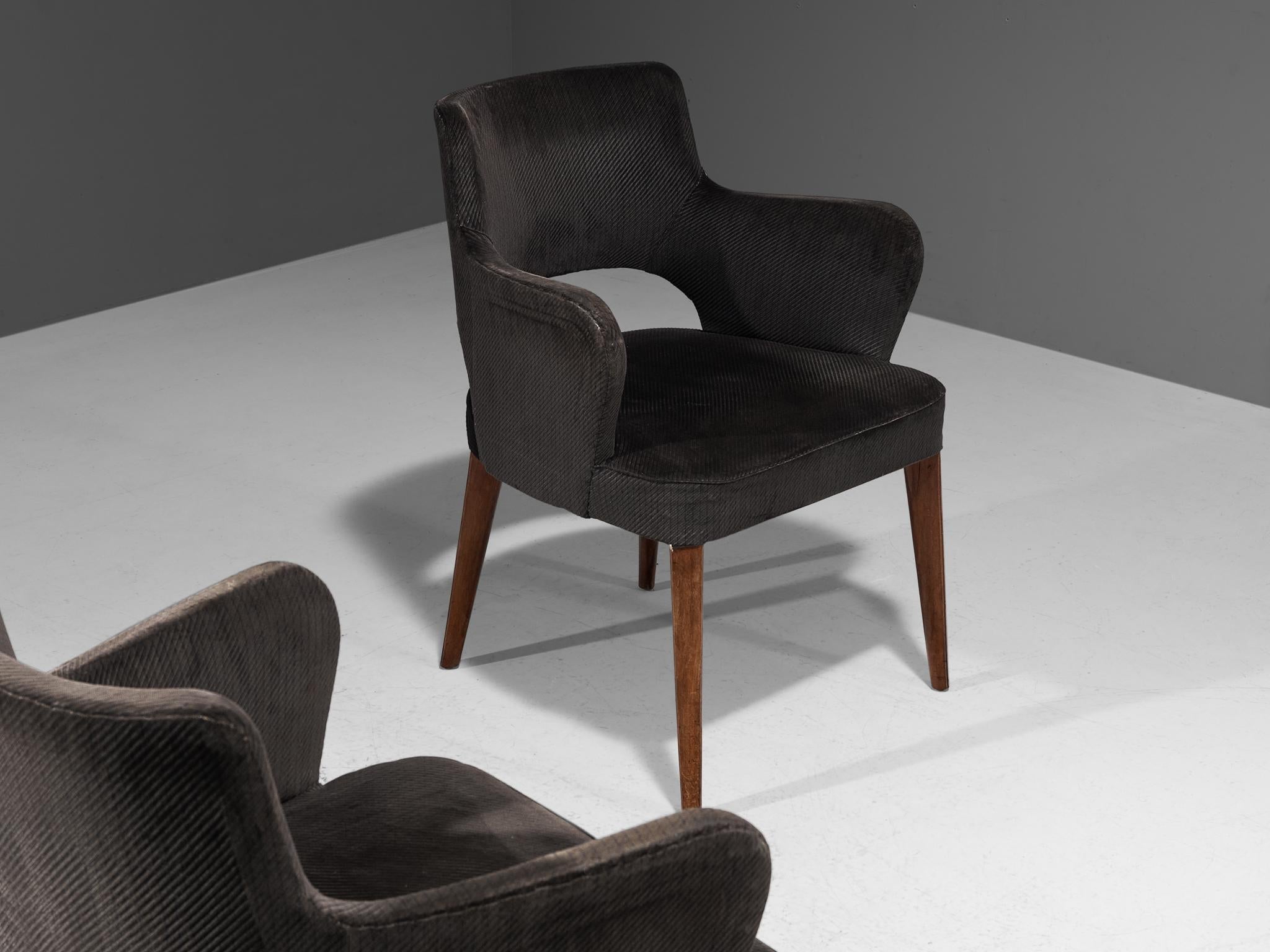Elegant Pair of Armchairs in Dark Grey Upholstery and Stained Wood seating Morentz