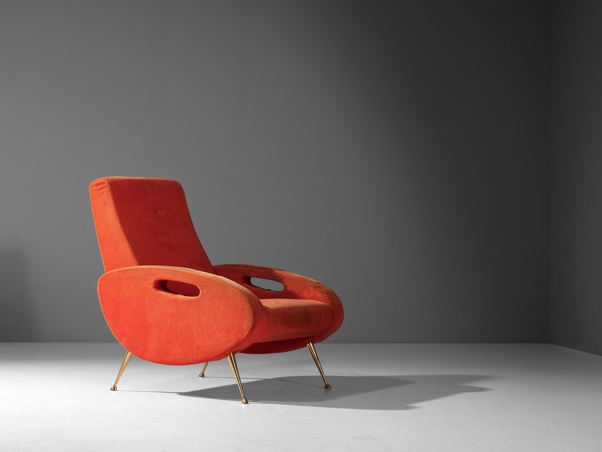 François Letourneur Lounge Chair in Red Velvet and Brass seating Morentz