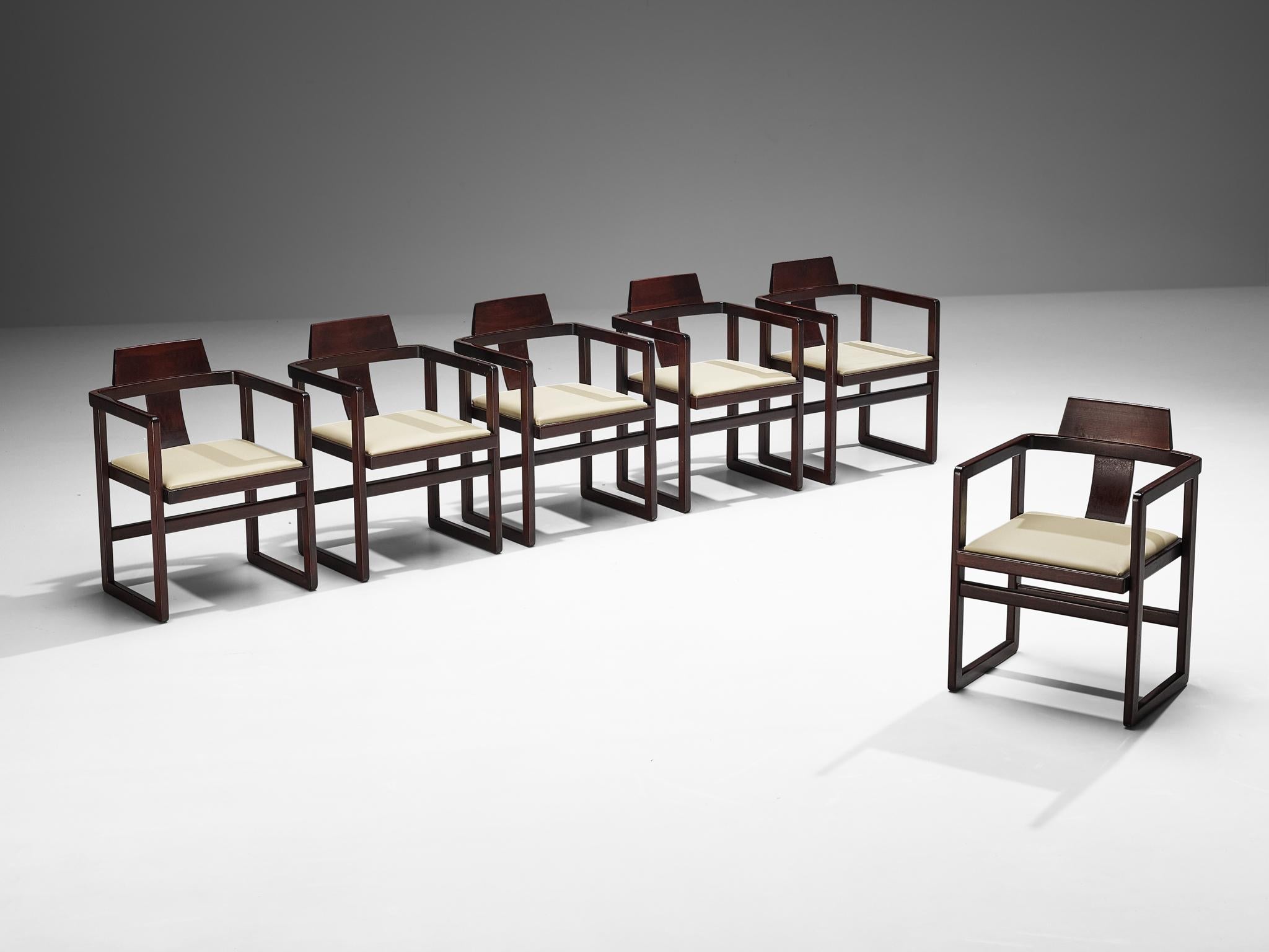 Italian Set of Six Geometric Armchairs in Stained Wood seating Morentz